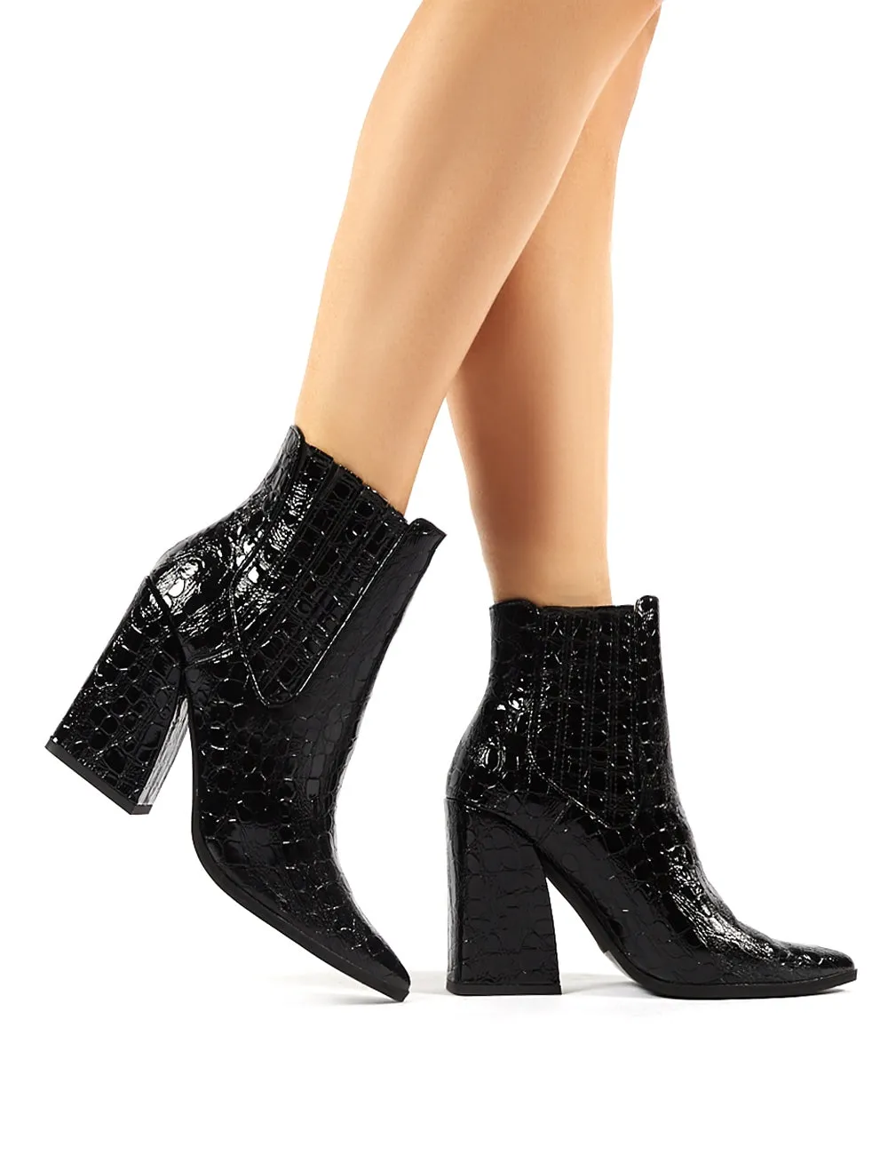 Brianna Black Patent Croc Block Heeled Pointed Ankle Boots