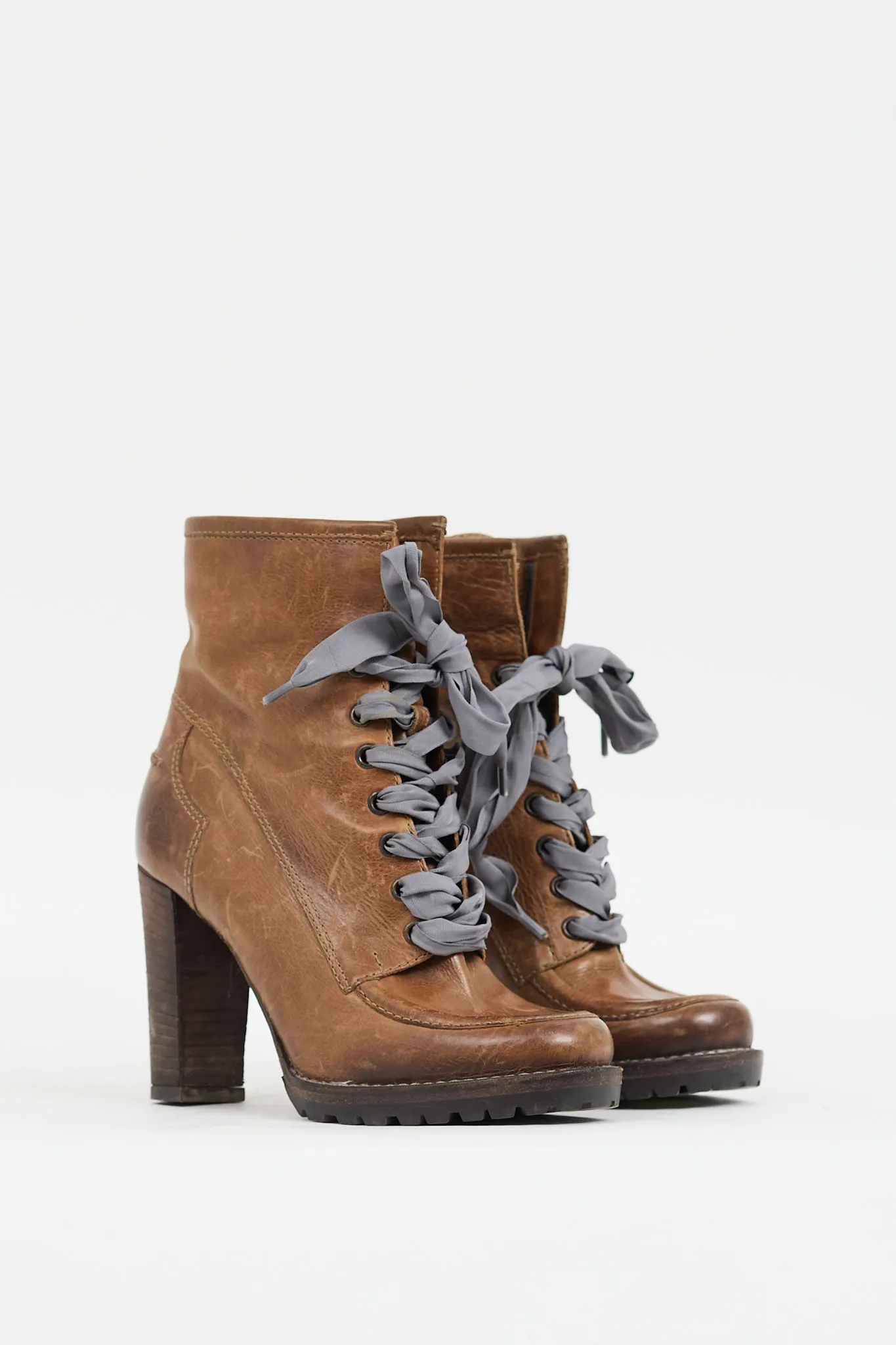 Brown Leather Lace Up Heeled Boot