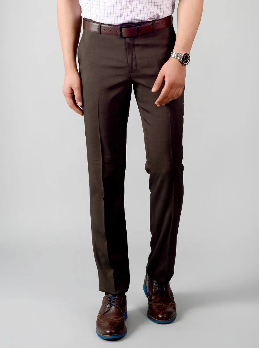 Brown Self Textured Slim Fit Formal Trouser | JadeBlue