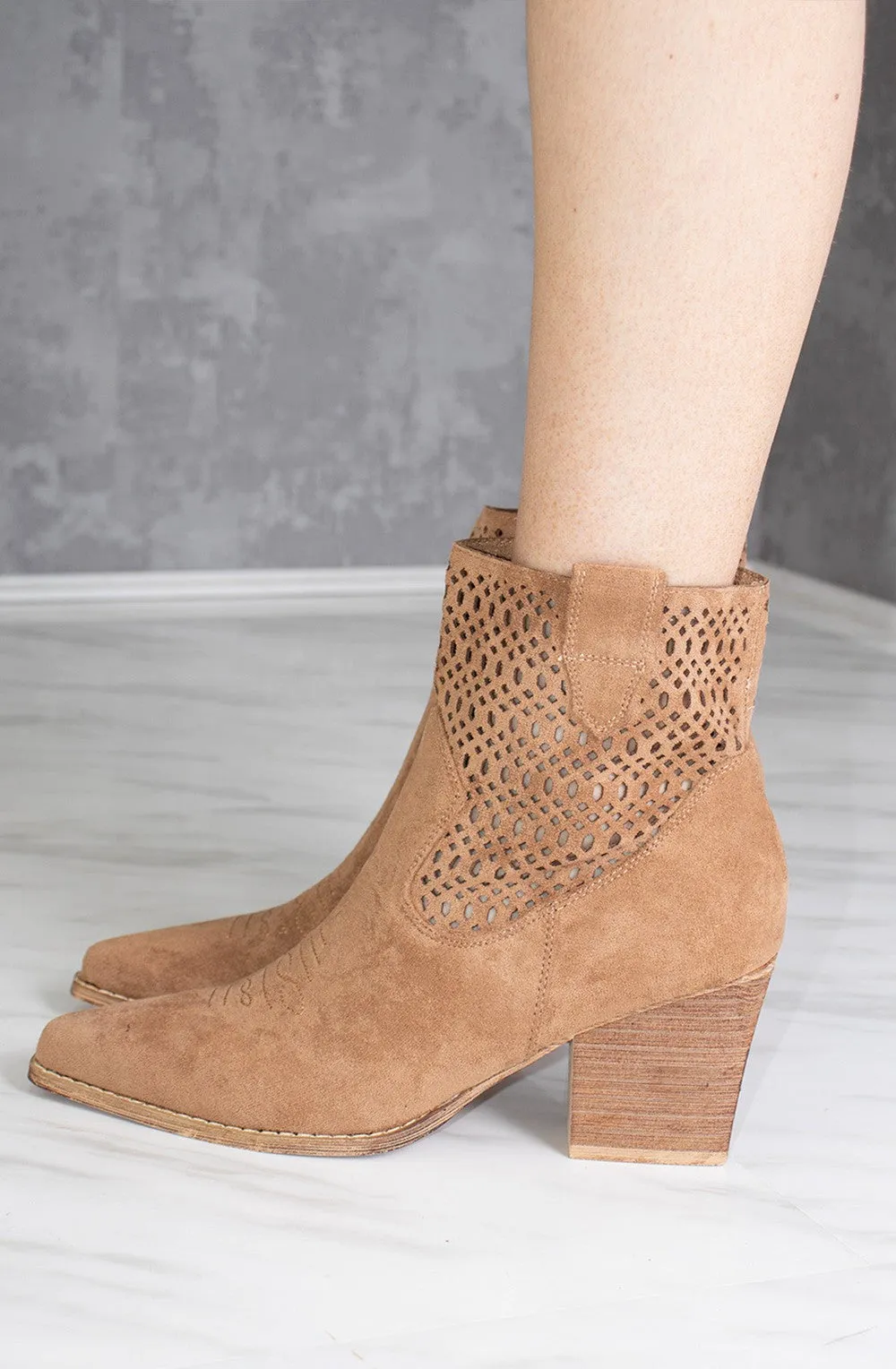 Camel Cut Out Ankle Length Cowboy Boot