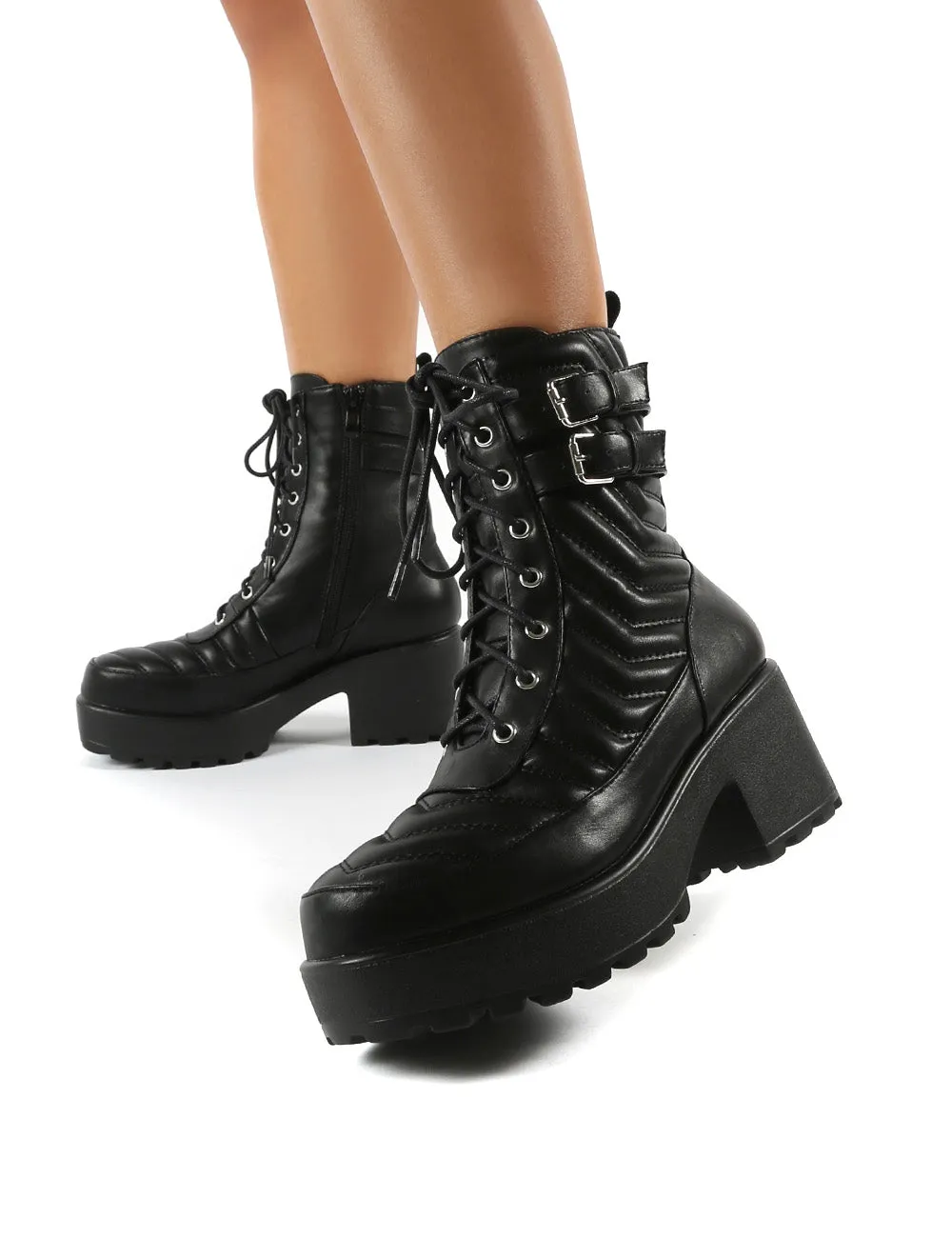 Carbon Black Lace Up Platorm Sole Block Heeled Ankle Boots