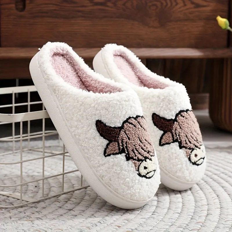 Cartoon Cow Head Graphic Men's Soft Plush Cozy House Slippers, Lightweight Breathable Anti-skid Slip-on Shoes With Fuzzy Lining For Indoor Walking, Autumn And Winter