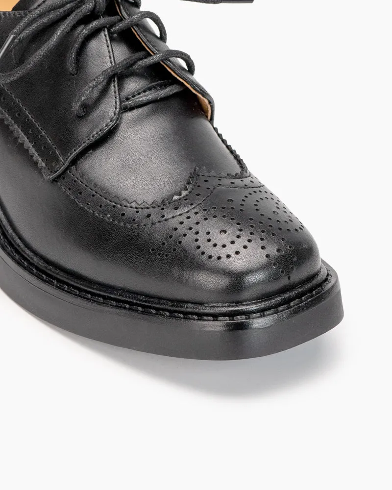 Carved Wingtip Brogues Lace-up Chunky Heel Oxford