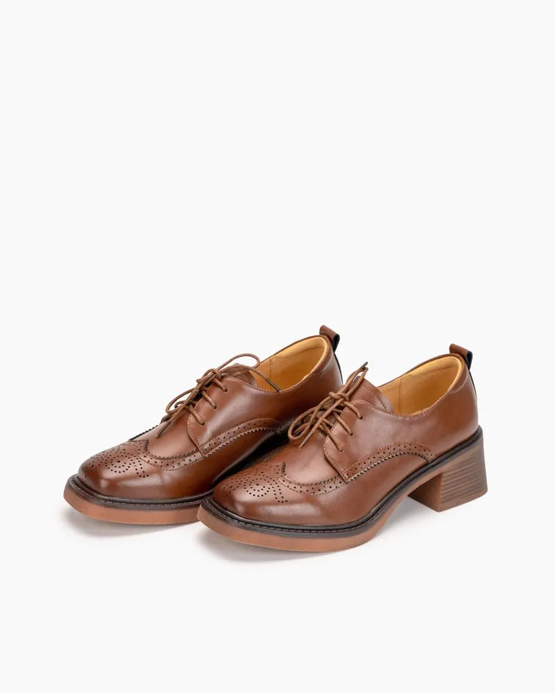 Carved Wingtip Brogues Lace-up Chunky Heel Oxford