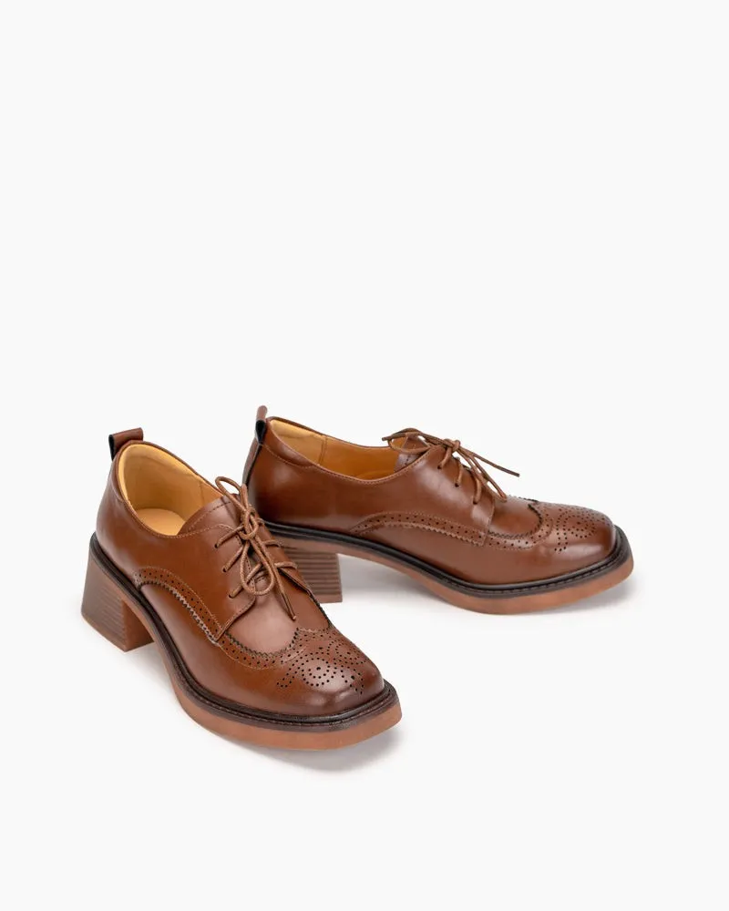 Carved Wingtip Brogues Lace-up Chunky Heel Oxford