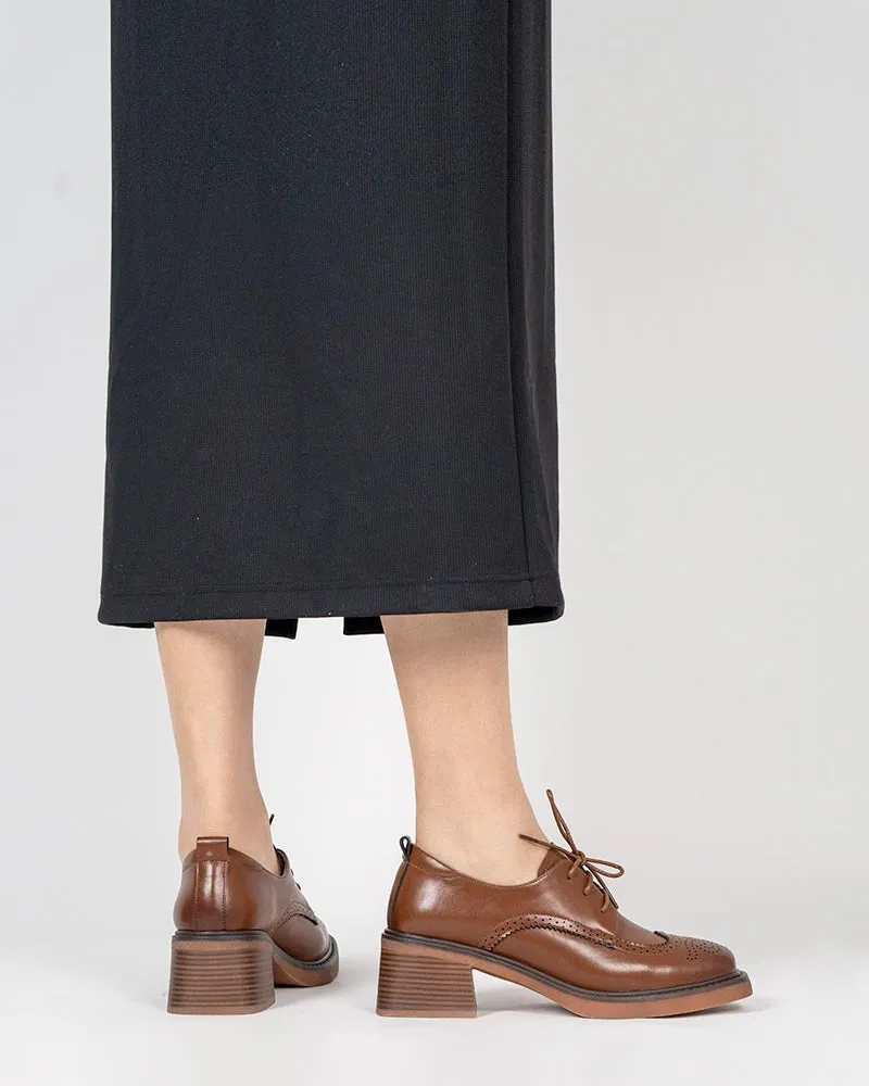 Carved Wingtip Brogues Lace-up Chunky Heel Oxford