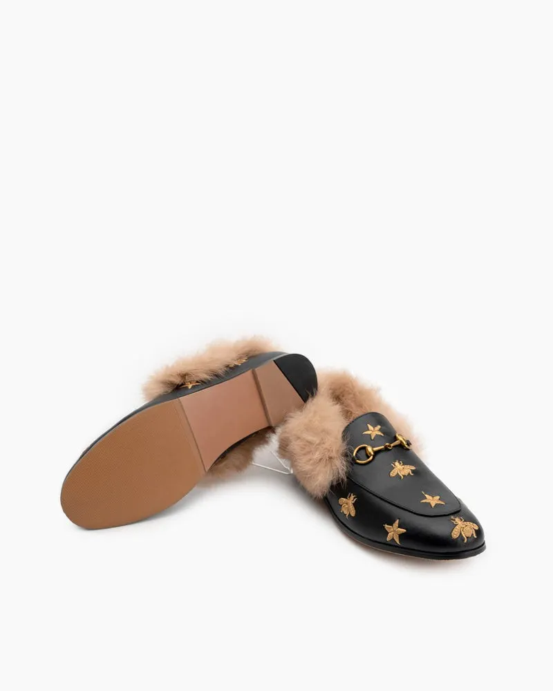 Classic Metal Buckle Bee Star Embroidered Fur Loafers