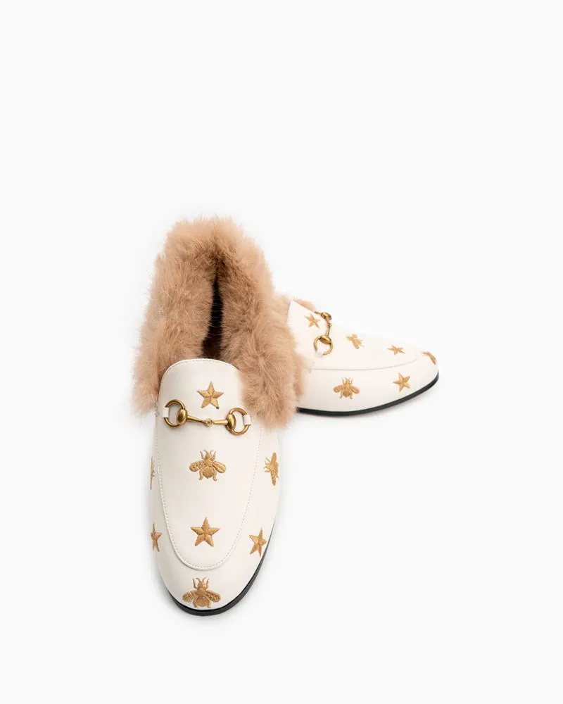 Classic Metal Buckle Bee Star Embroidered Fur Loafers