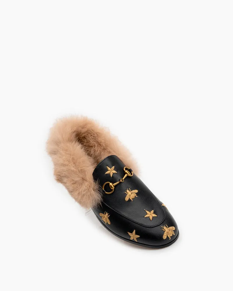 Classic Metal Buckle Bee Star Embroidered Fur Loafers