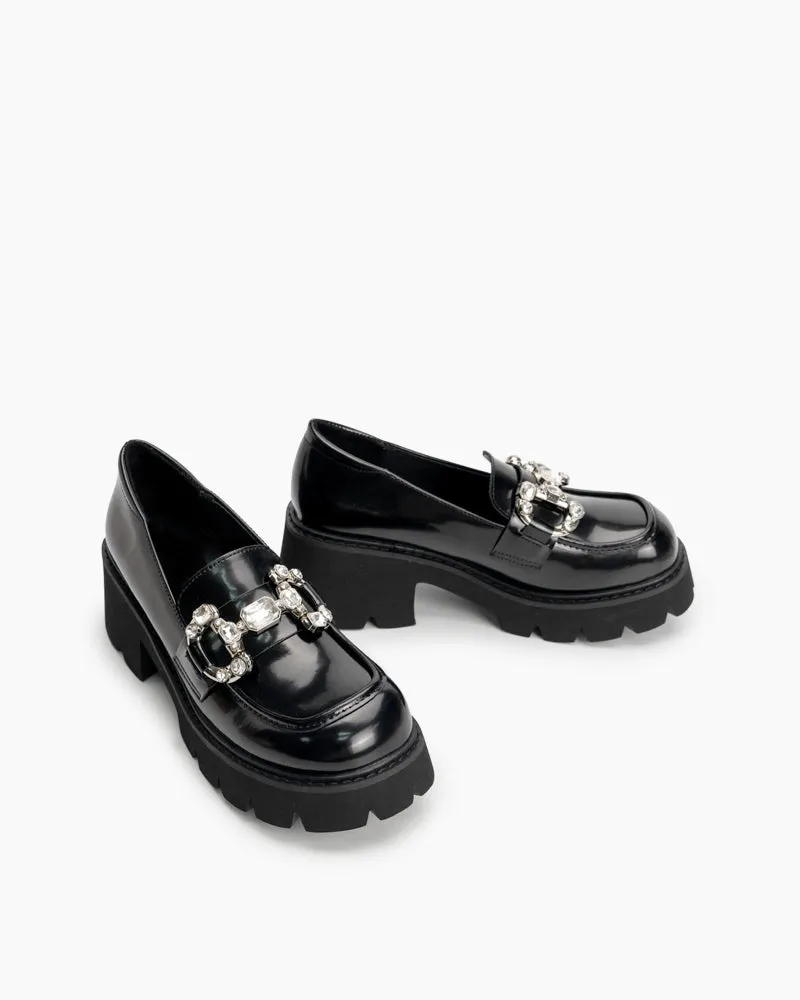 Classic Metal Buckle Rhinestone Chunky Heel Platform Loafers