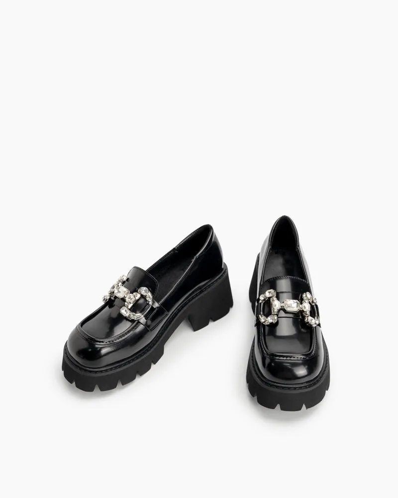 Classic Metal Buckle Rhinestone Chunky Heel Platform Loafers