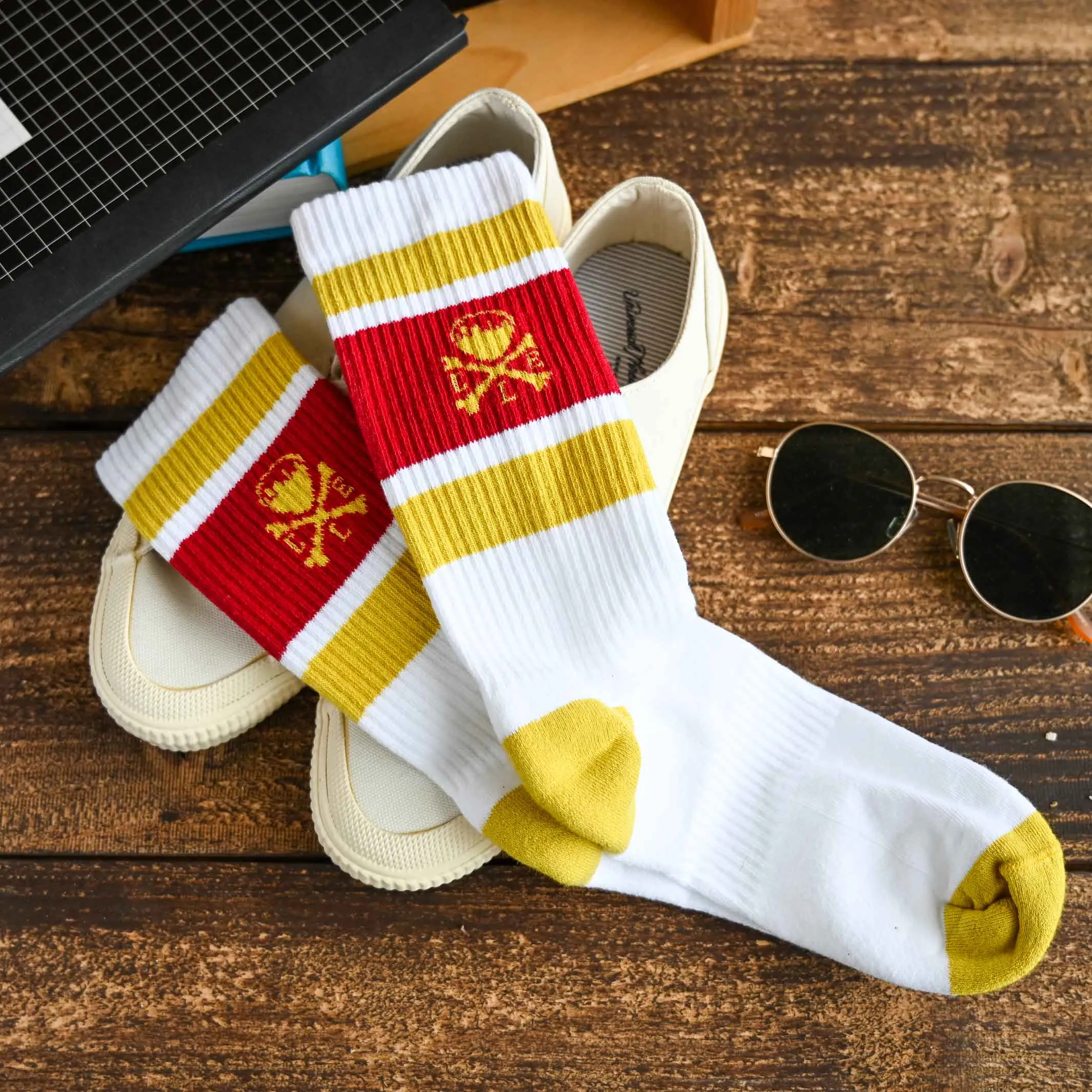 CLE Logo - Striped Crew Socks - Wine/Gold