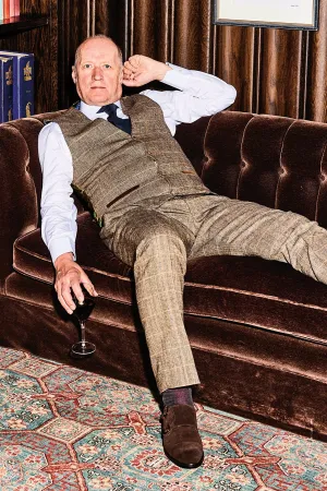 Comedian Ade Edmondson In TED Tan Tweed Check Waistcoat & Trousers