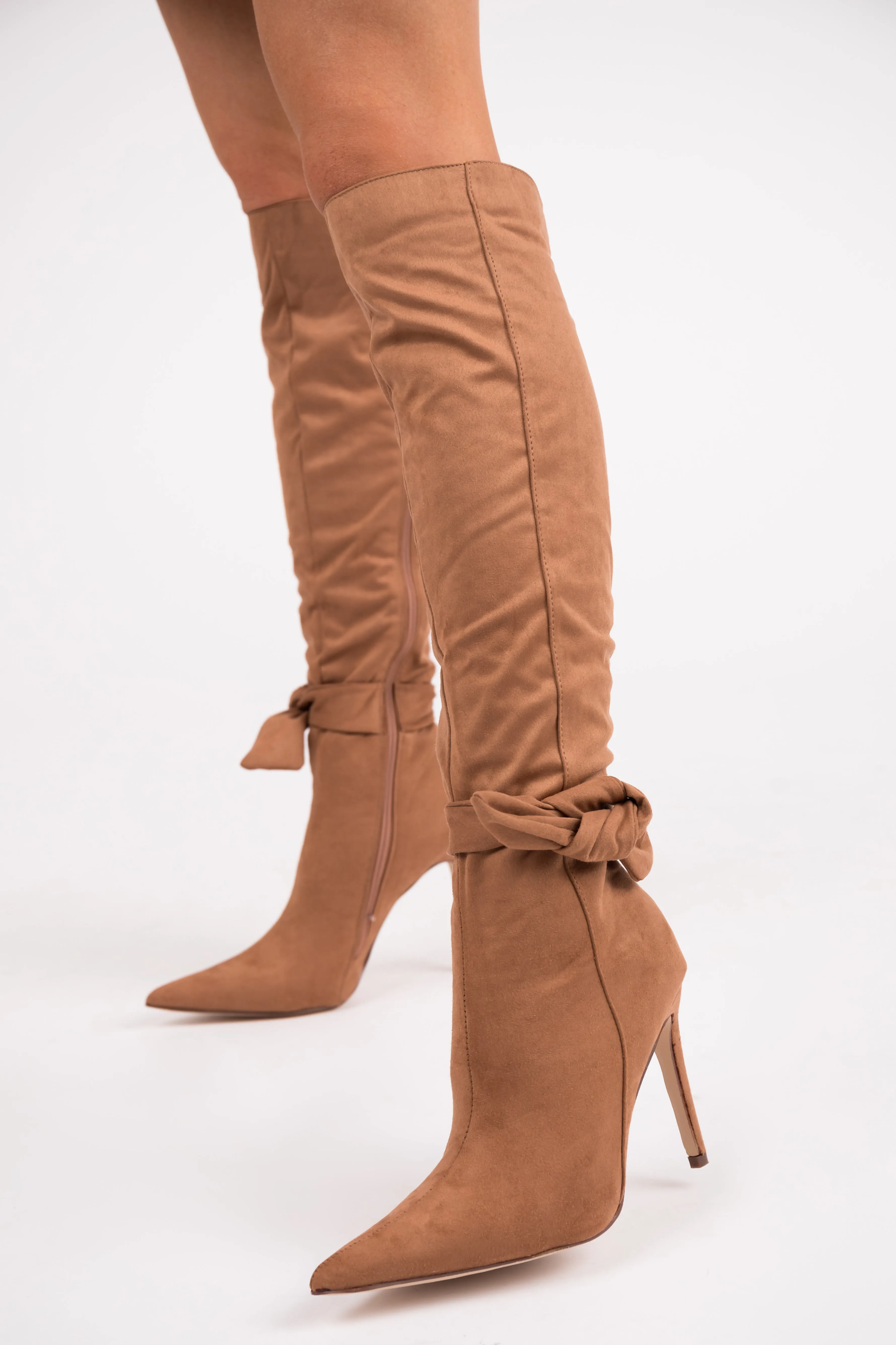 Copper Heeled Knee High Side Bow Detail Boots