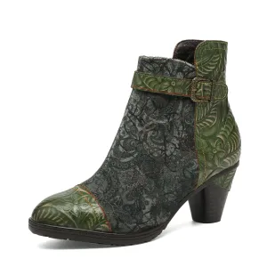 CrazycatZ Womens  Boots Bohemian Block Heel Leather Floral Boots Colorful Leather Heeled Ankle Boots Green