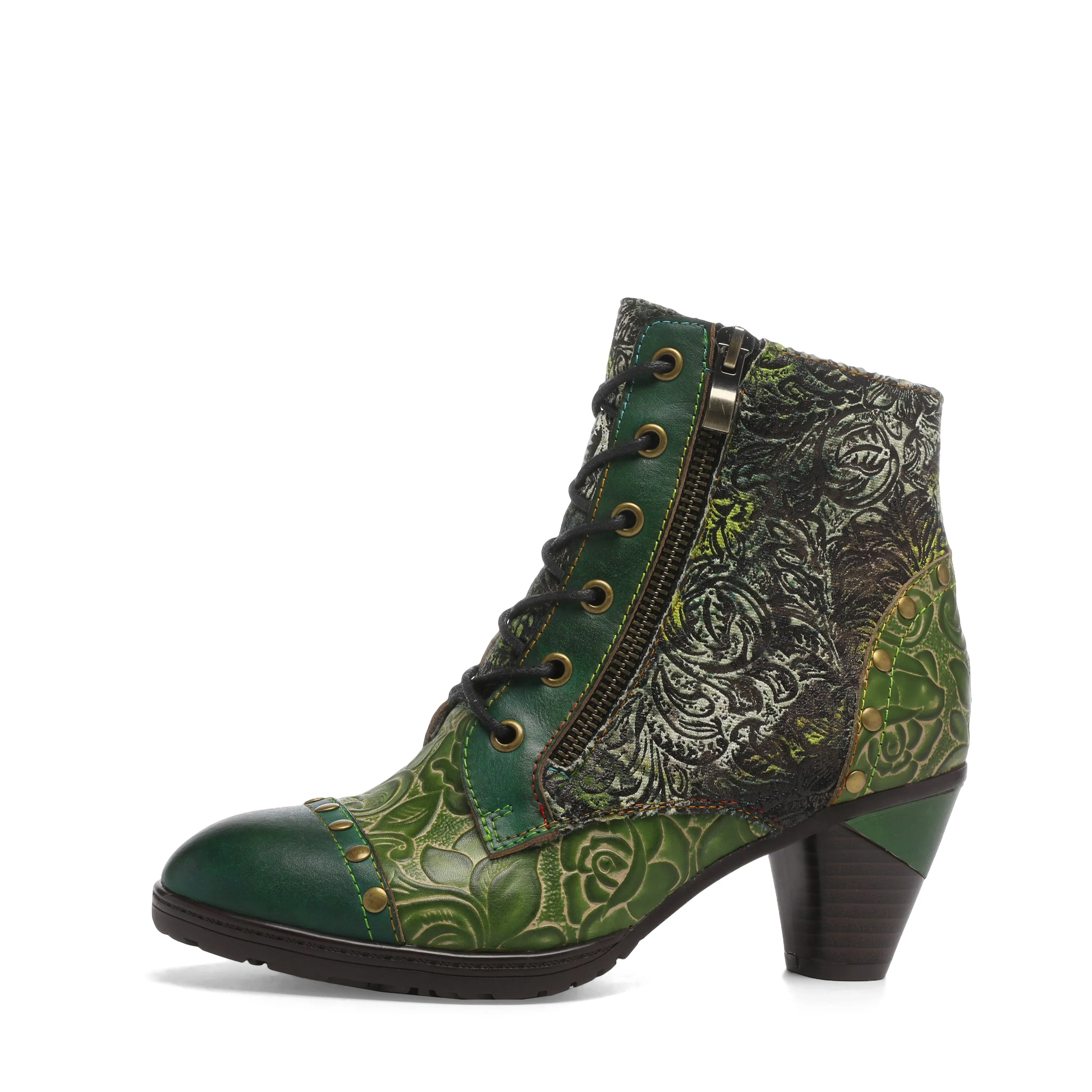 CrazycatZ Womens  Boots Bohemian Block Heel Leather Floral Boots Colorful Leather Heeled Ankle Boots Studded Green