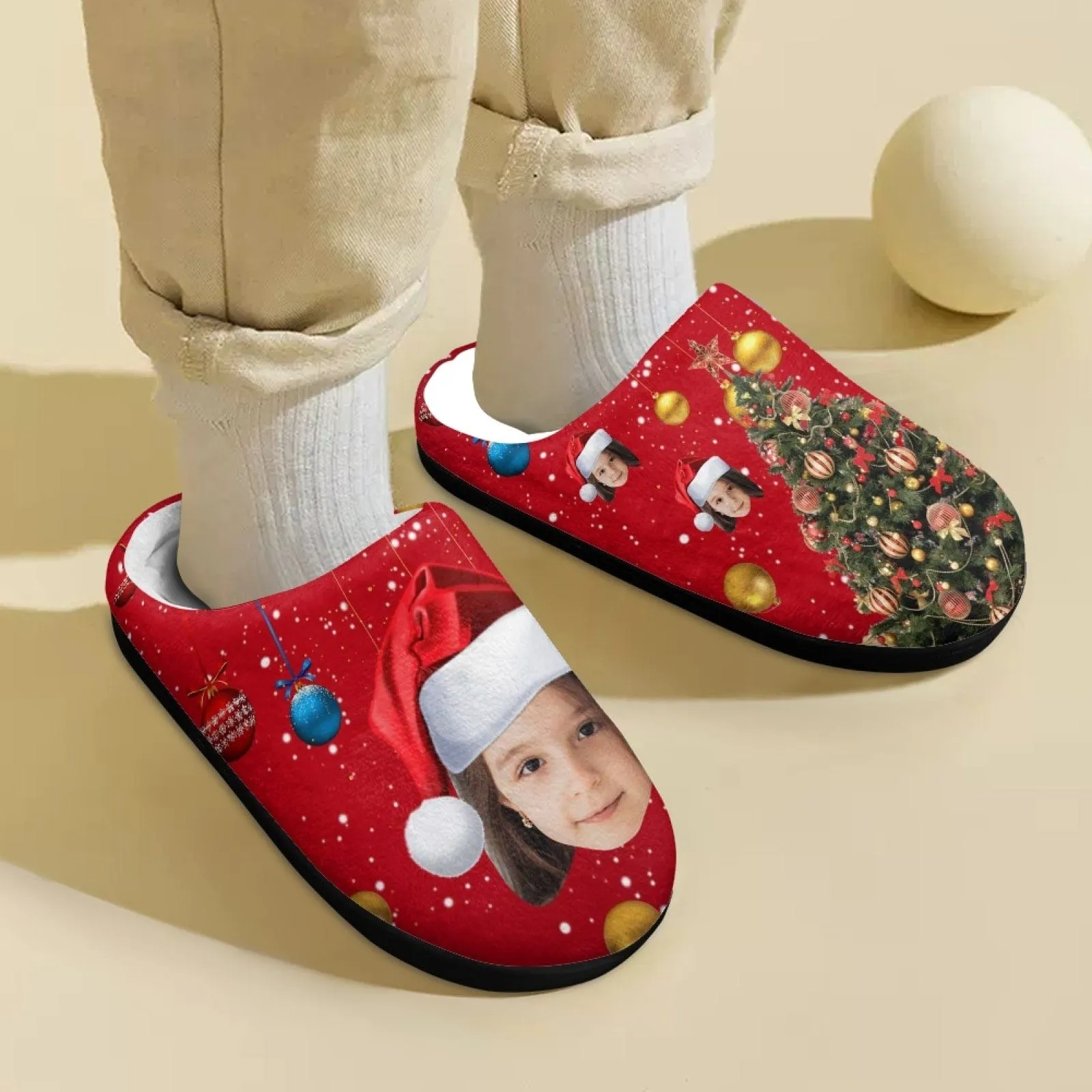 Custom Face Christmas Tree Cotton Slippers for Adult&Kids Personalized Non-Slip Slippers Warm House Shoes