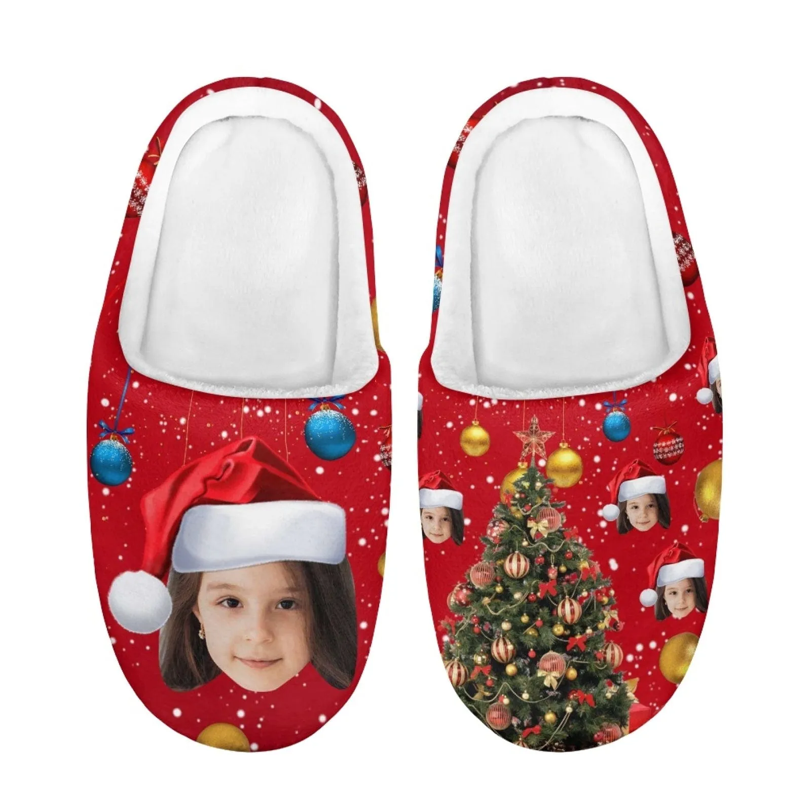 Custom Face Christmas Tree Cotton Slippers for Adult&Kids Personalized Non-Slip Slippers Warm House Shoes