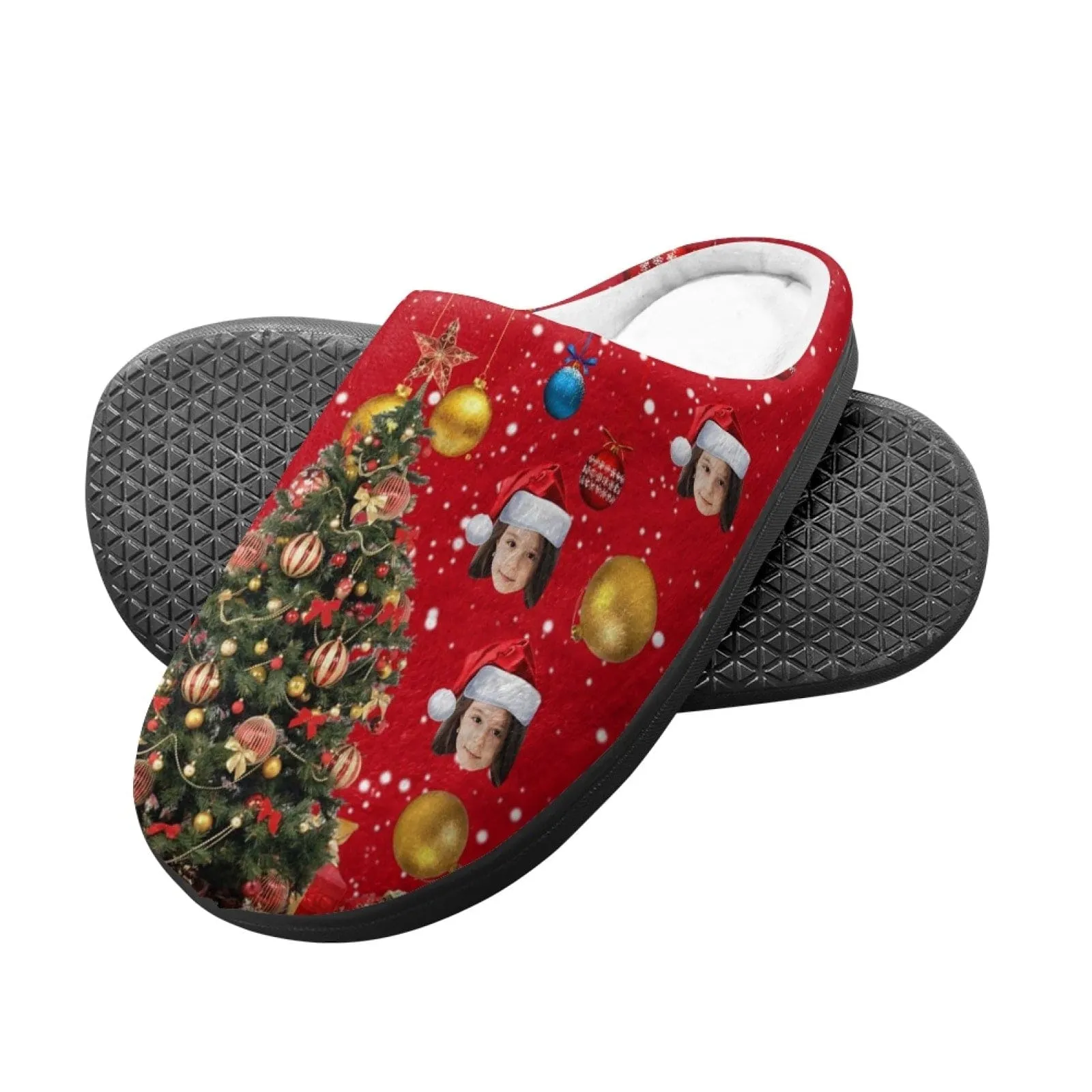 Custom Face Christmas Tree Cotton Slippers for Adult&Kids Personalized Non-Slip Slippers Warm House Shoes