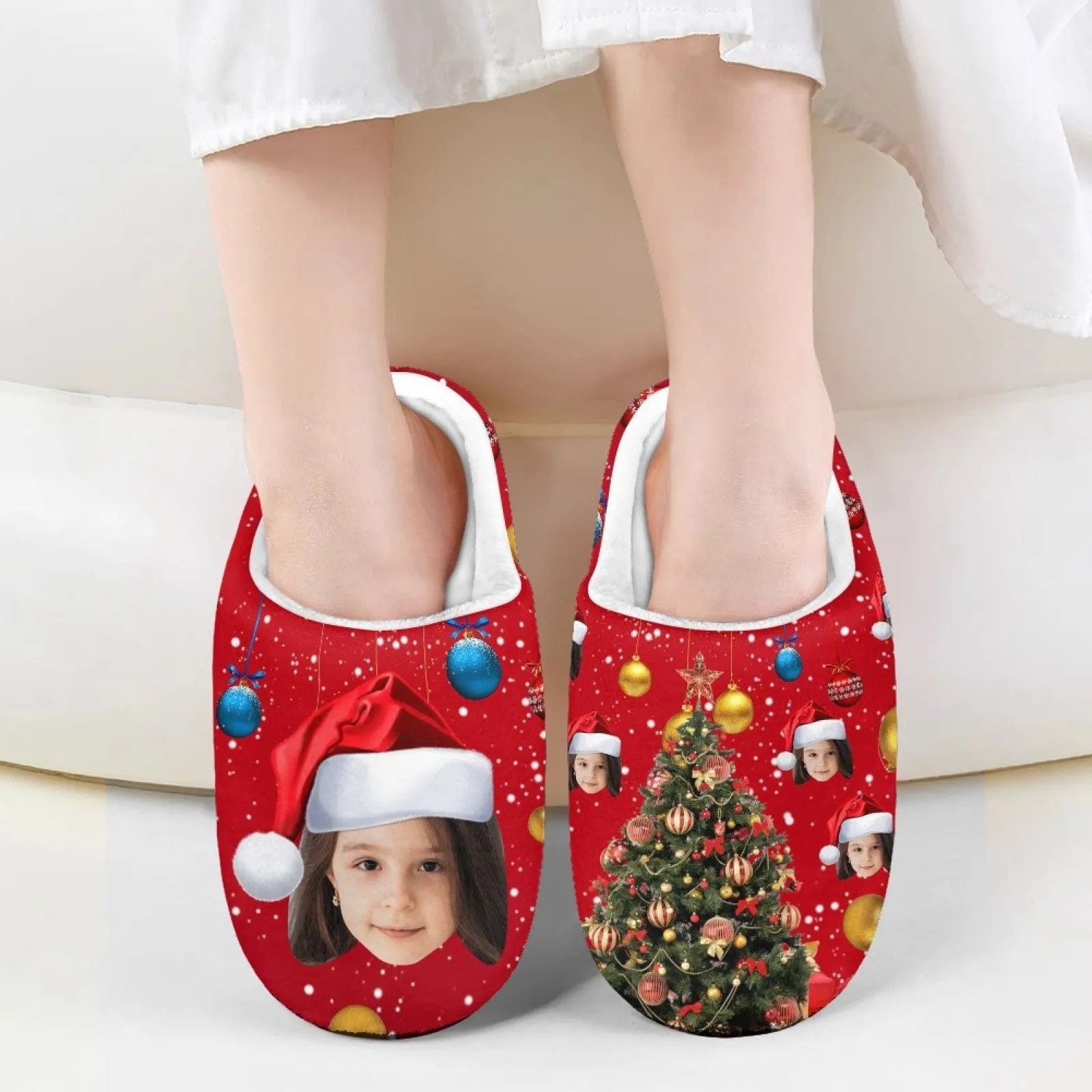 Custom Face Christmas Tree Cotton Slippers for Adult&Kids Personalized Non-Slip Slippers Warm House Shoes