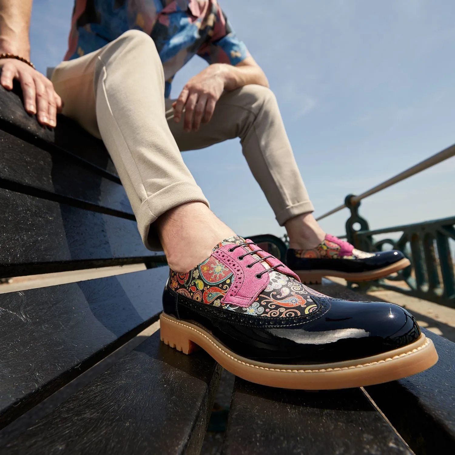 Cyclone - Navy Pink - Men's chunky platform sole leather shoe with brogue detail