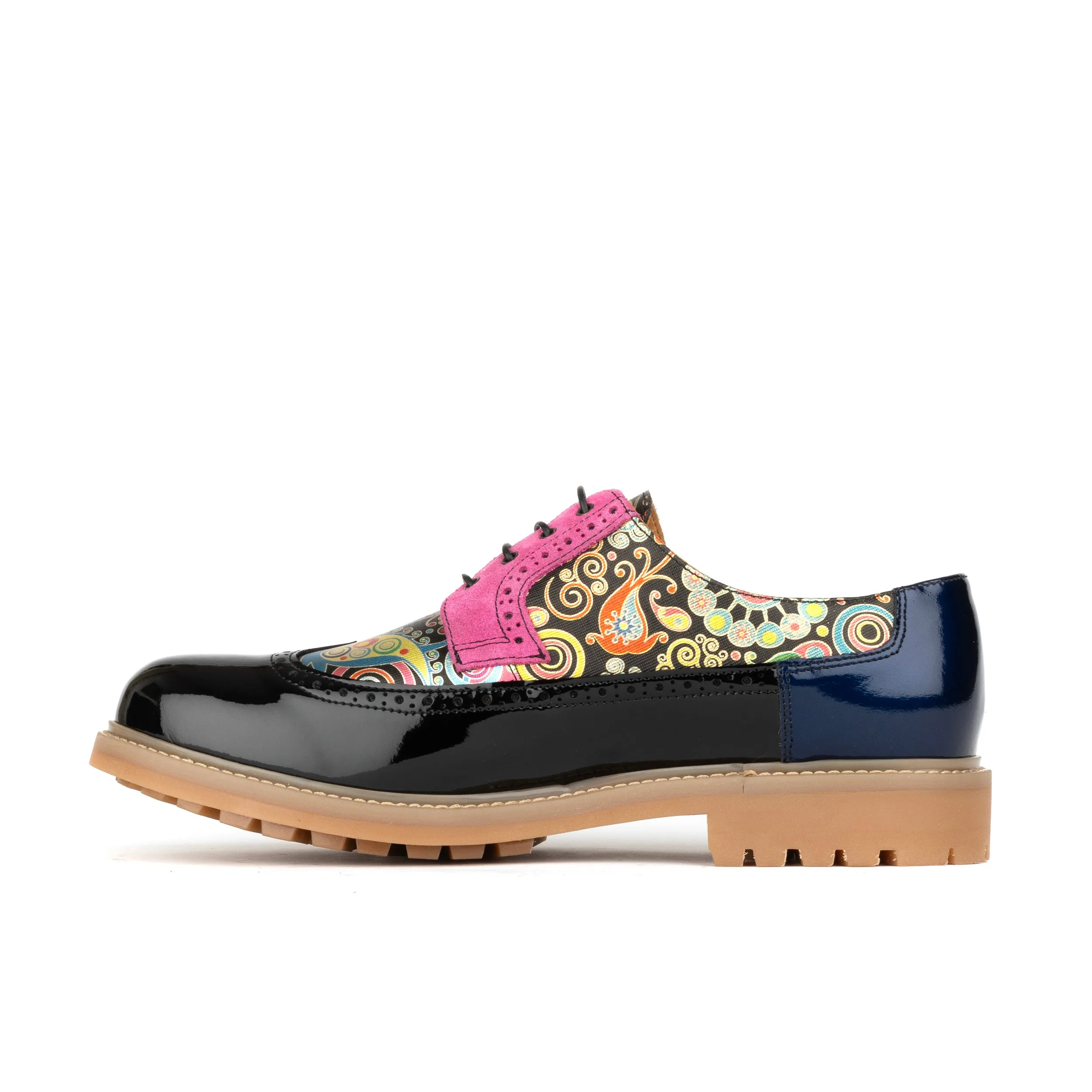 Cyclone - Navy Pink - Men's chunky platform sole leather shoe with brogue detail