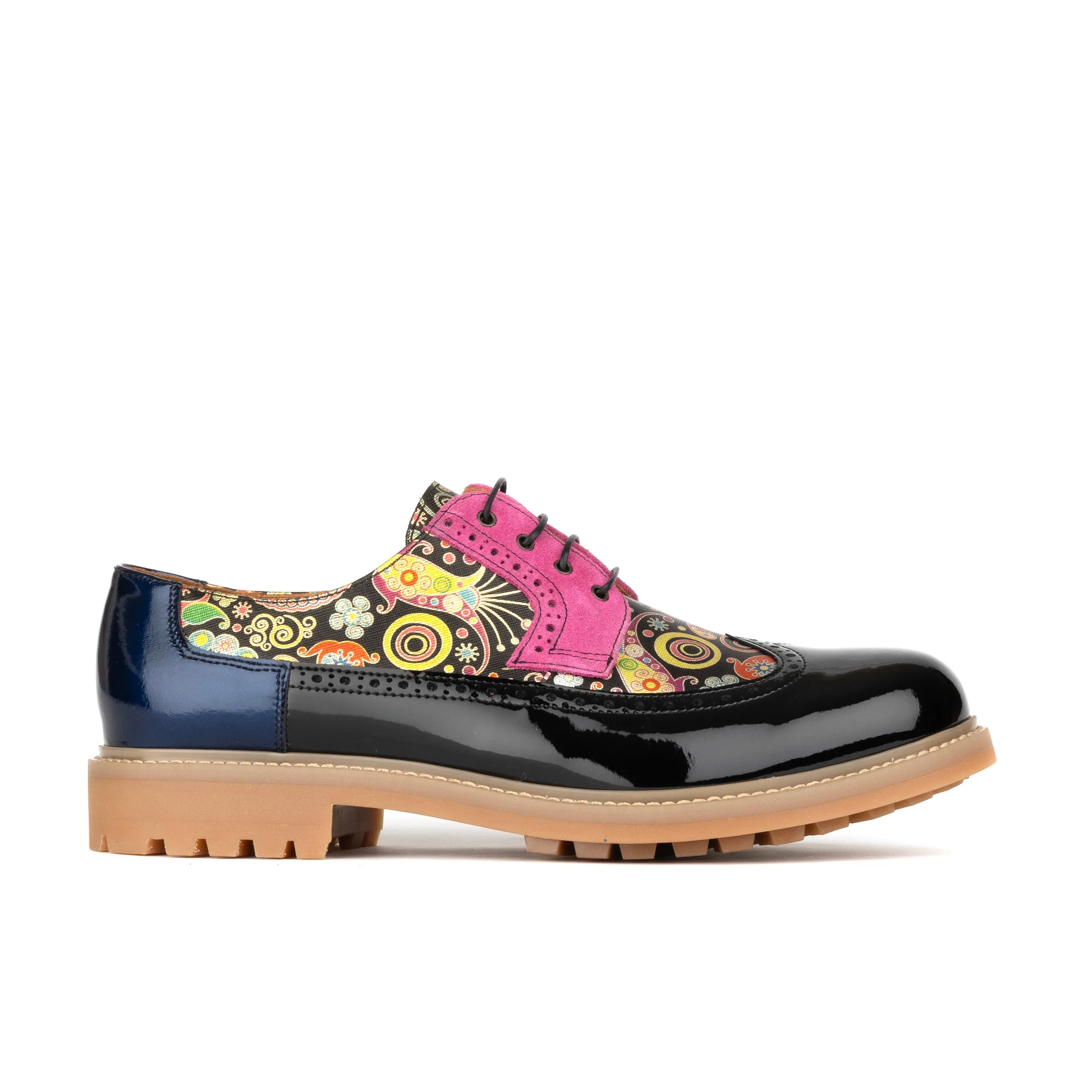 Cyclone - Navy Pink - Men's chunky platform sole leather shoe with brogue detail