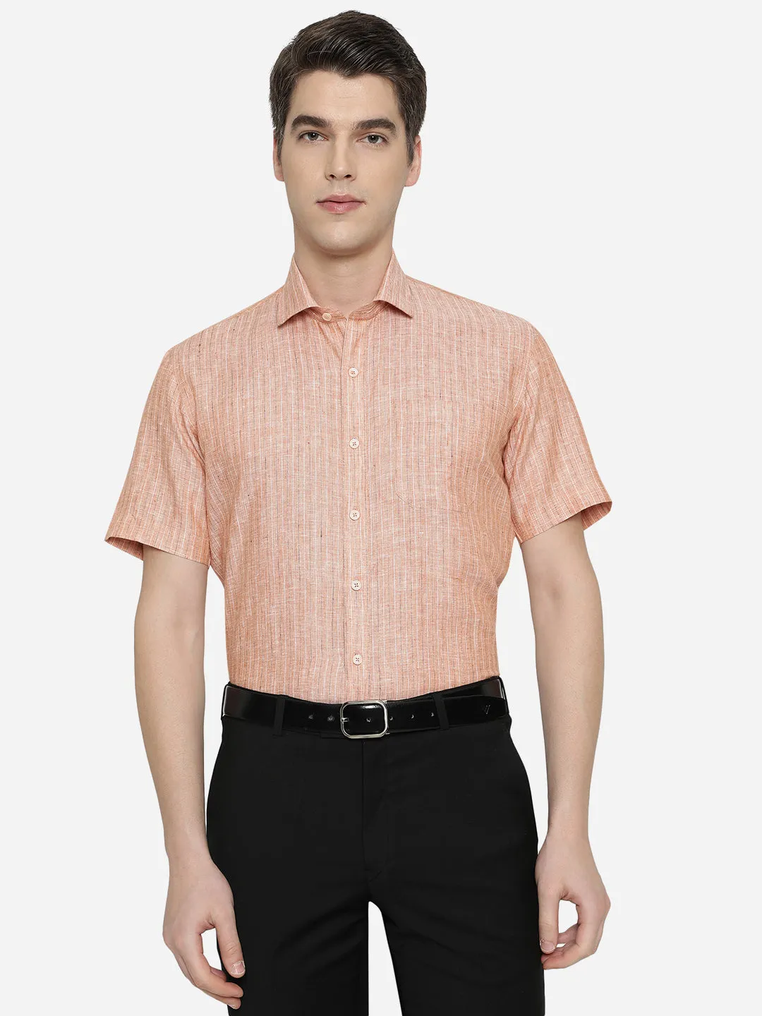 Dark Peach Striped Regular Fit Formal Shirt | JadeBlue