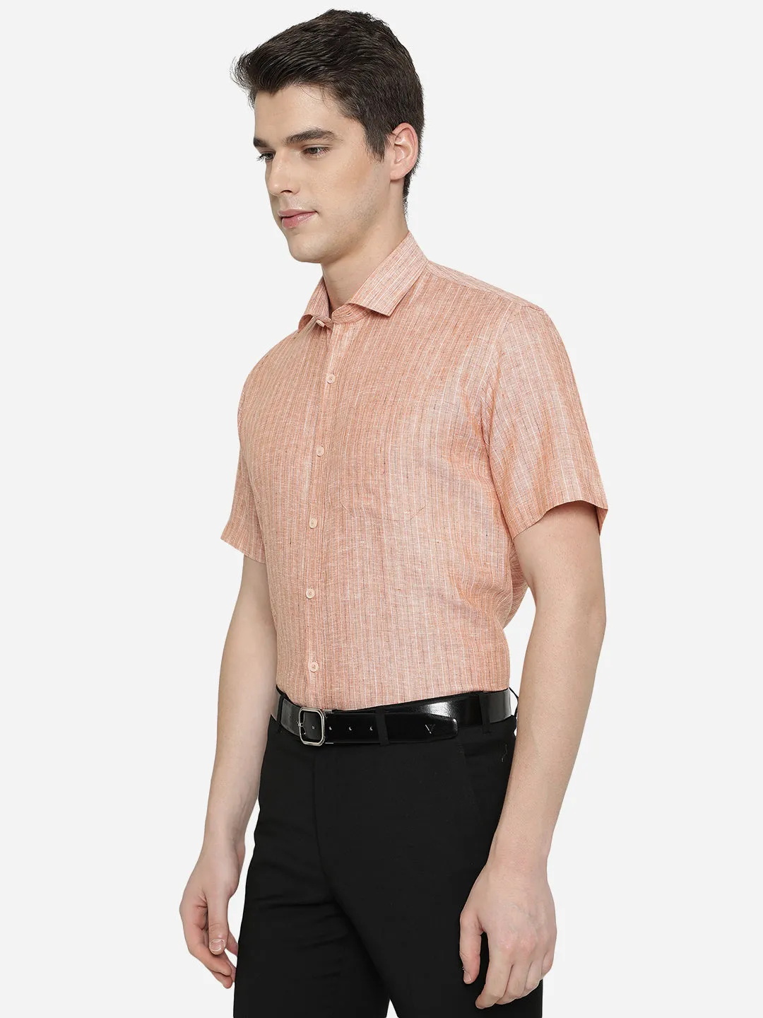 Dark Peach Striped Regular Fit Formal Shirt | JadeBlue