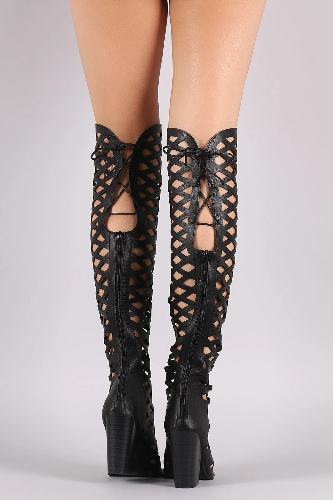 Diamond Cutout Back Lace-Up Chunky Heeled Boots