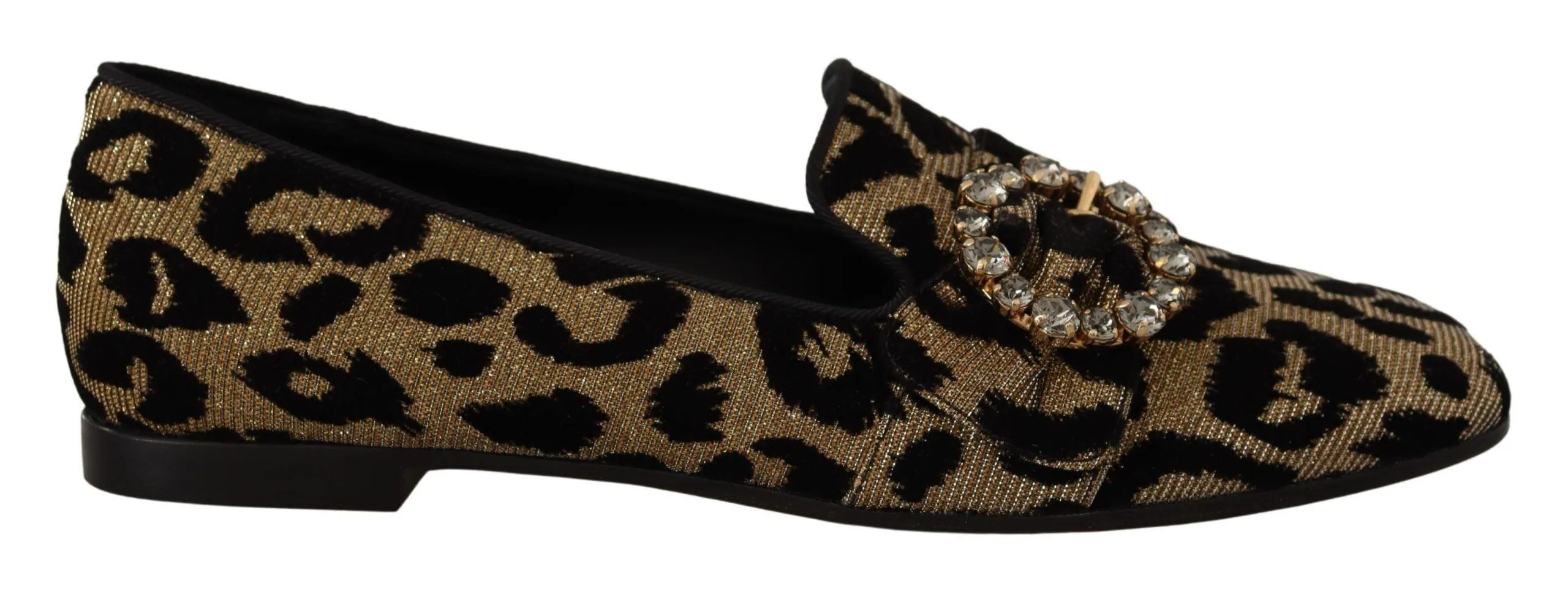 Dolce & Gabbana Gold Leopard Print Crystals Loafers Shoes