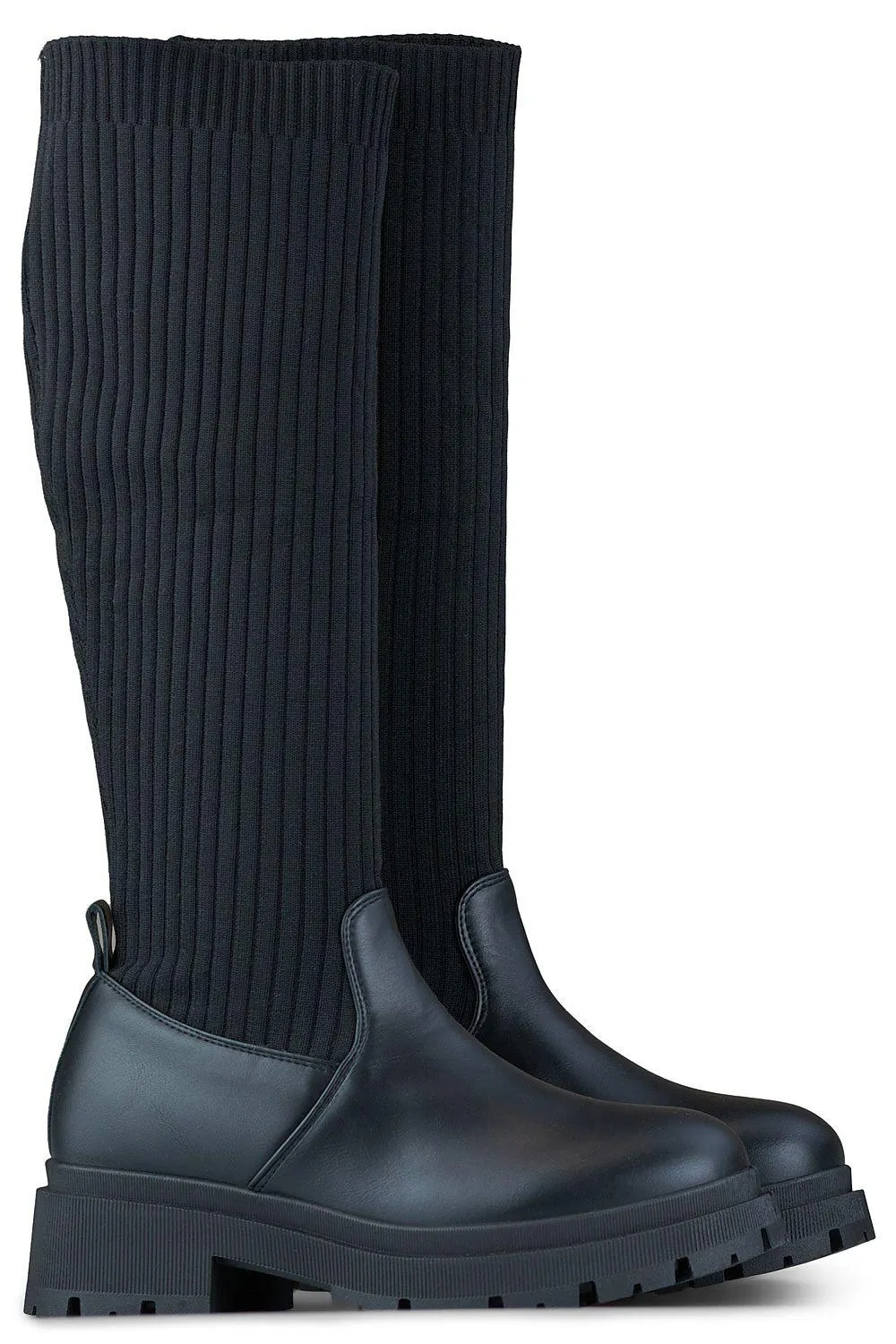 Eco Leather Knee-High Boots with Ribbed Fabric & Flat Heel