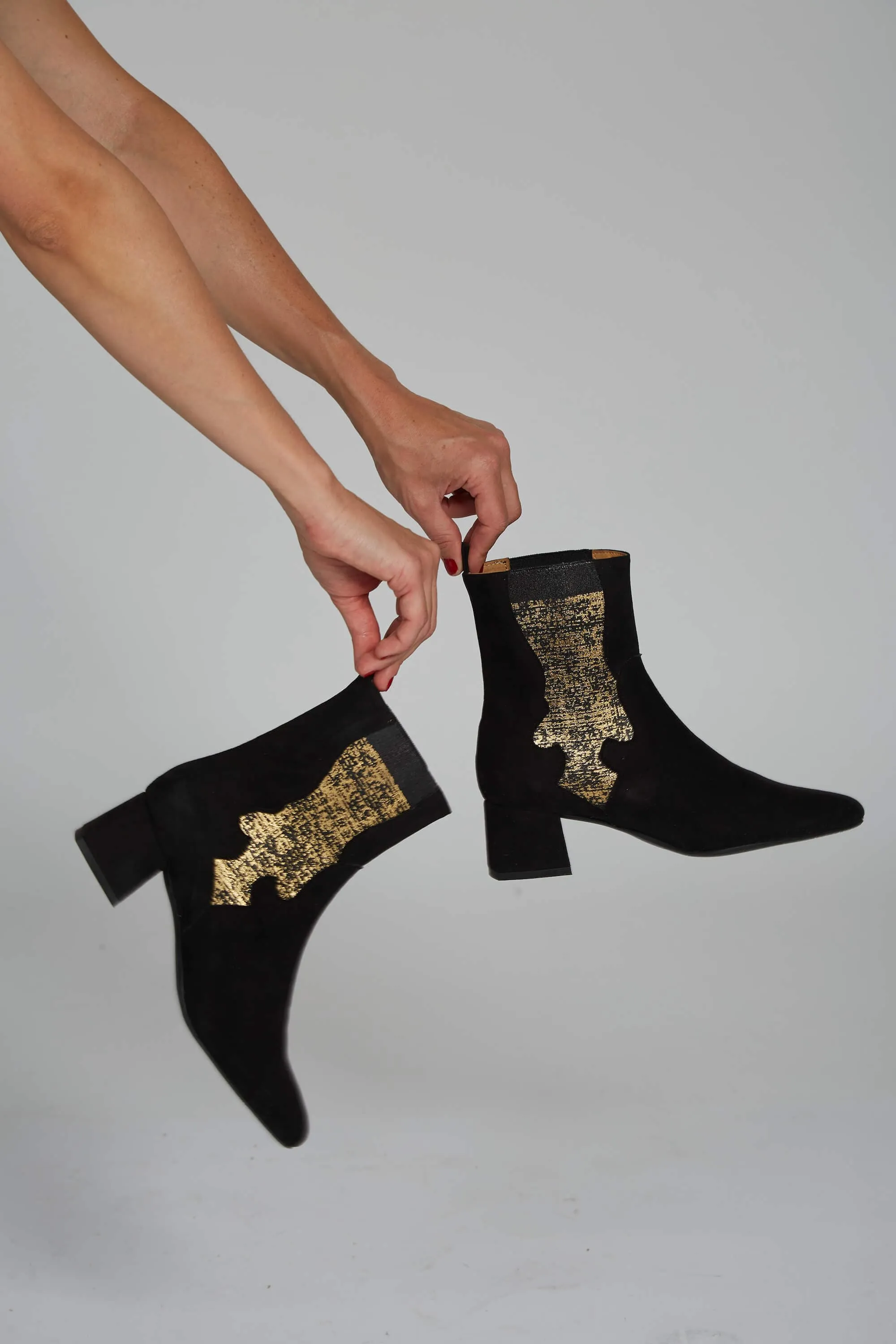 Eco Suede Vegan Ankle Boots | Black & Gold