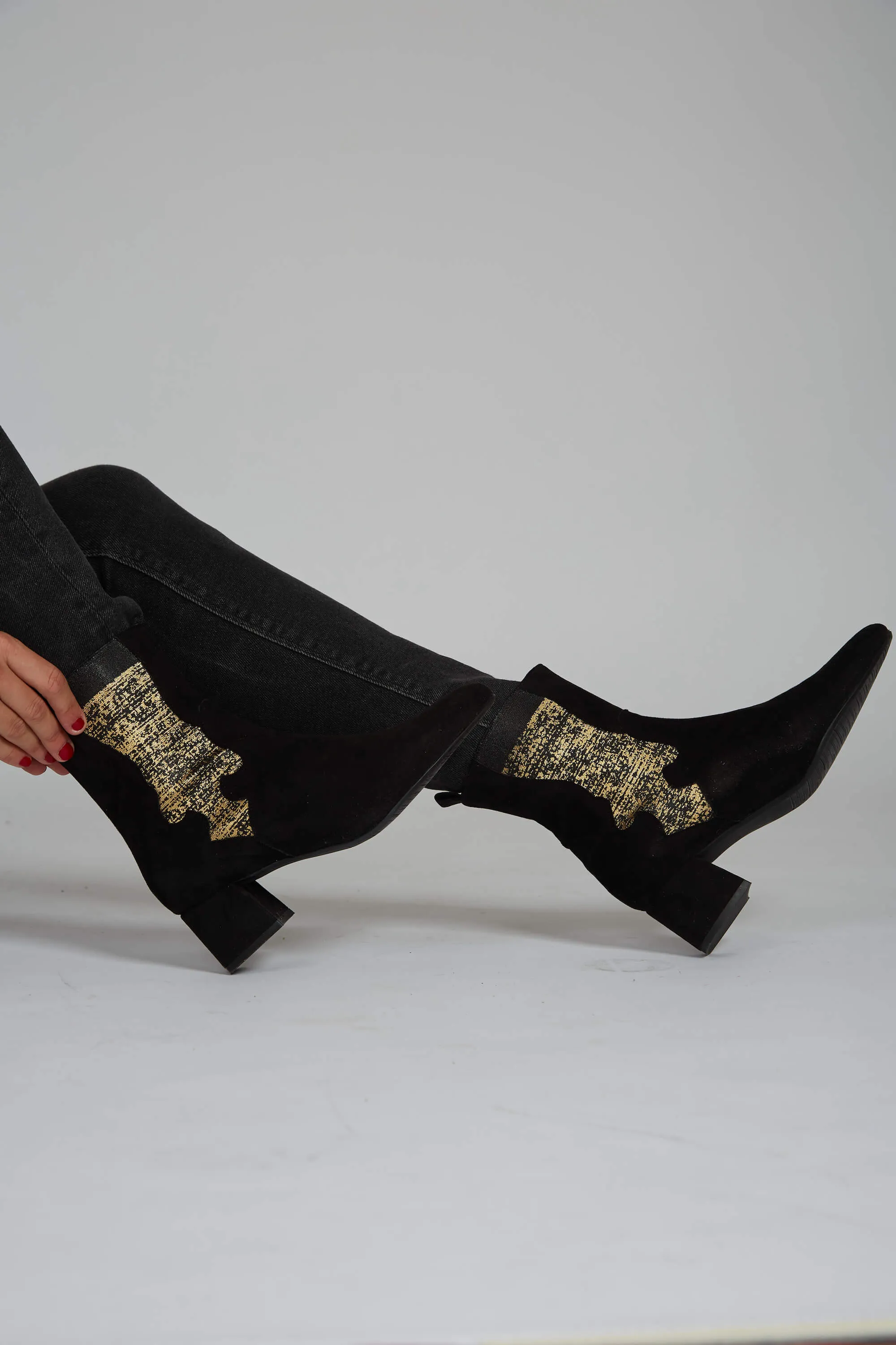 Eco Suede Vegan Ankle Boots | Black & Gold