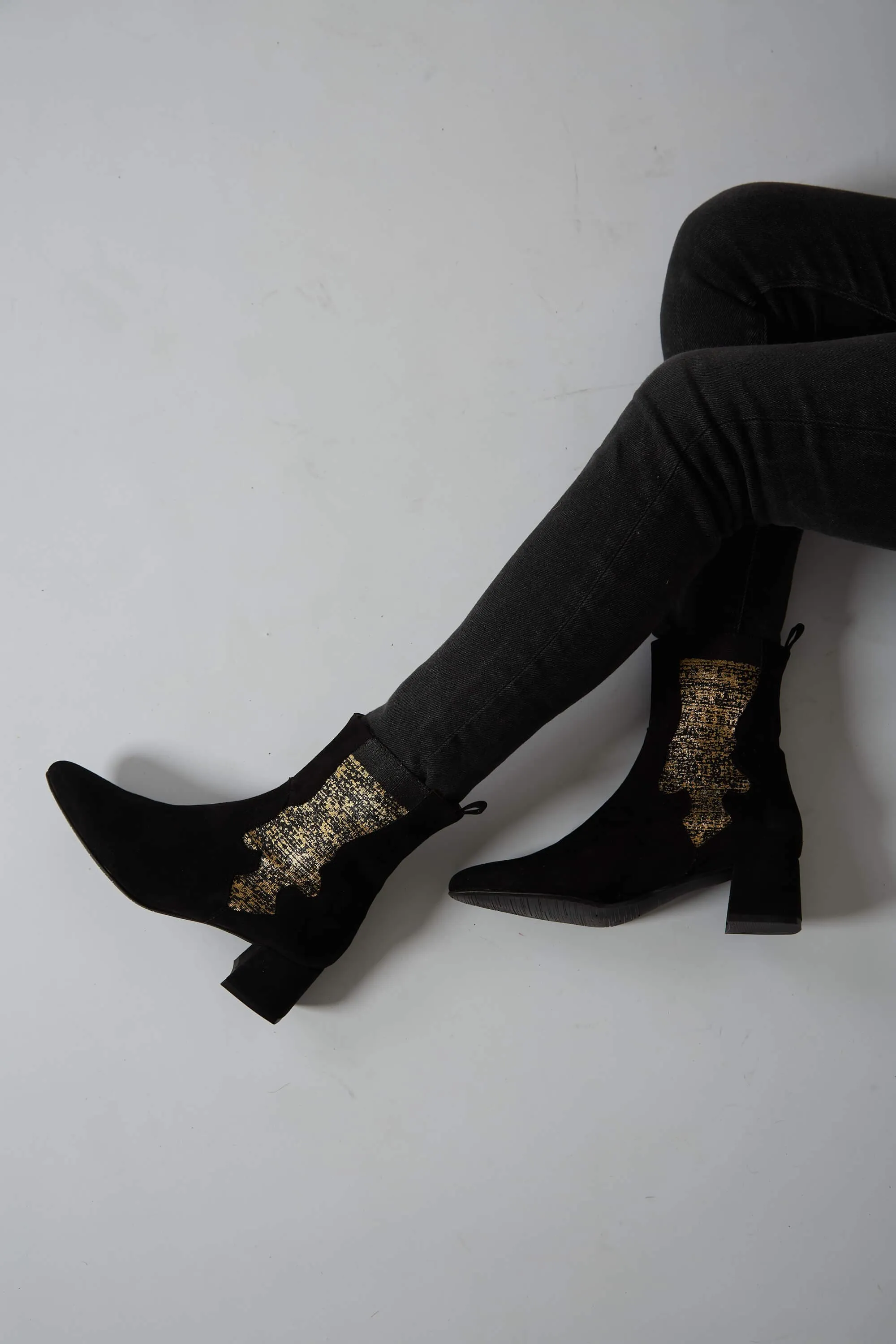 Eco Suede Vegan Ankle Boots | Black & Gold