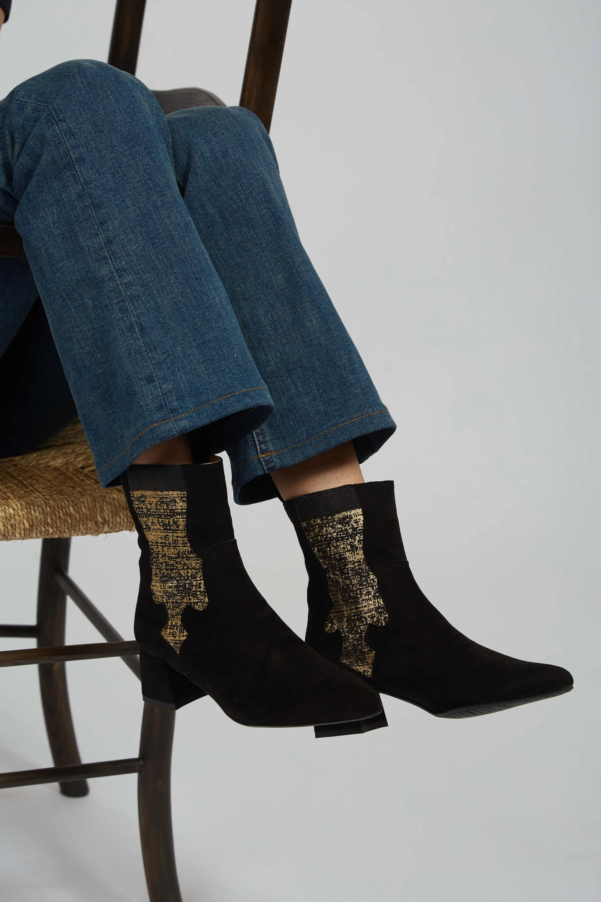 Eco Suede Vegan Ankle Boots | Black & Gold