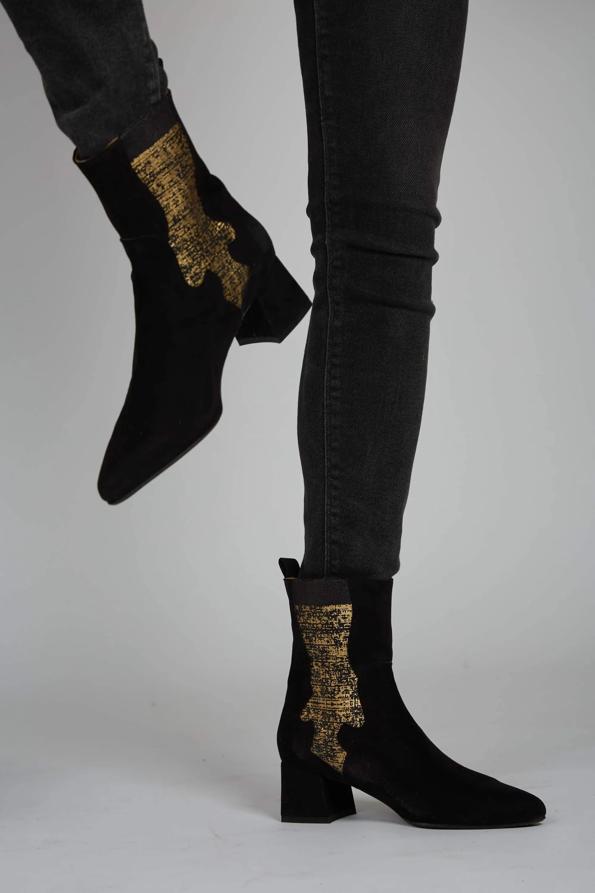 Eco Suede Vegan Ankle Boots | Black & Gold