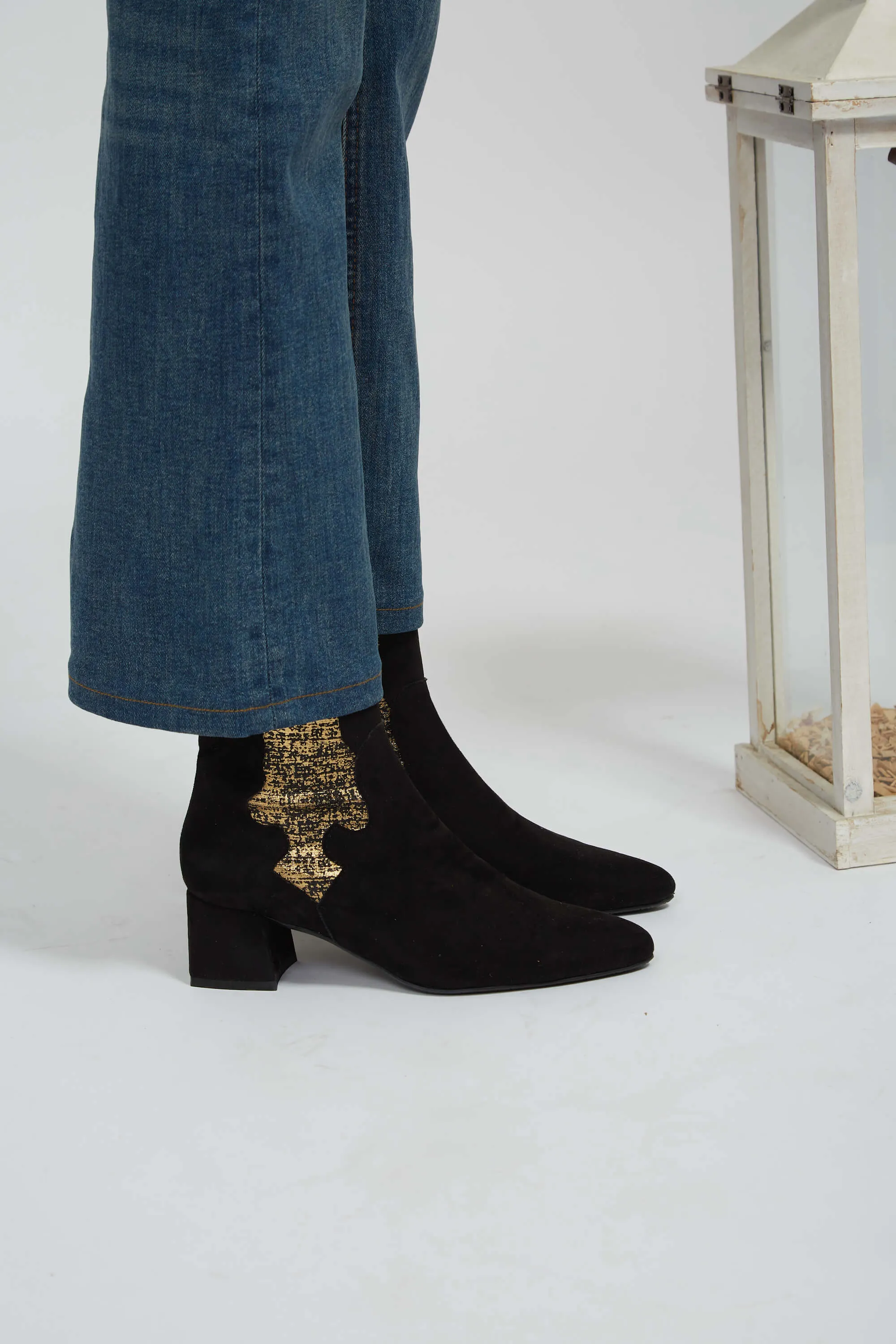 Eco Suede Vegan Ankle Boots | Black & Gold