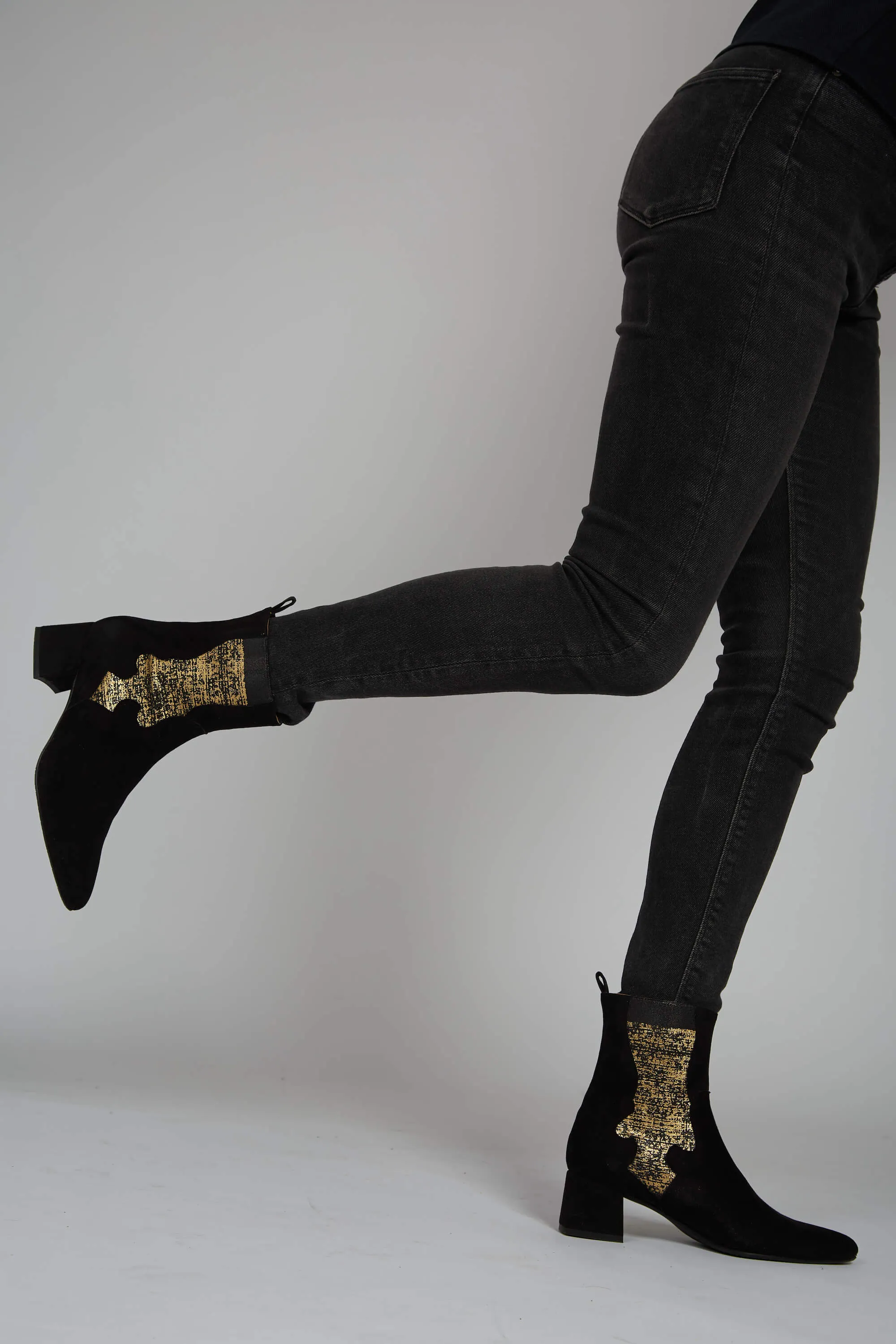 Eco Suede Vegan Ankle Boots | Black & Gold