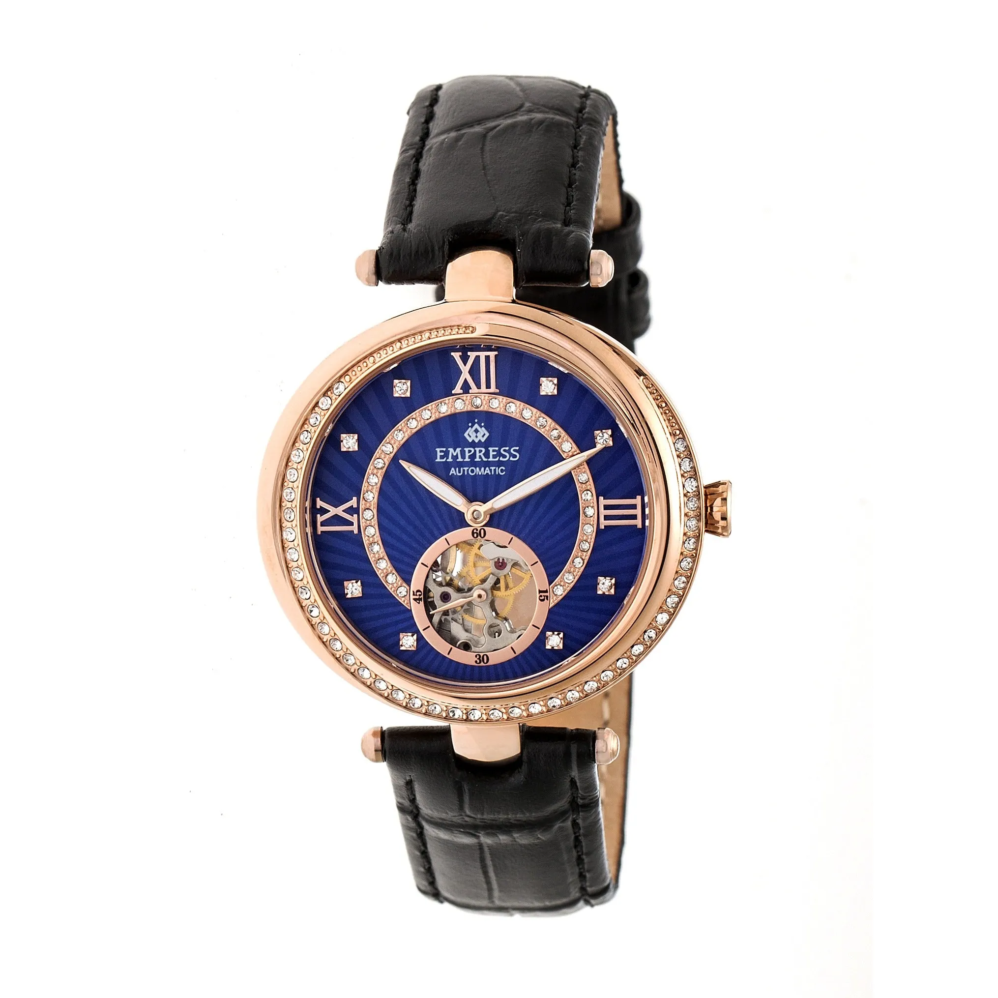 Empress Stella Automatic Semi-Skeleton MOP Leather-Band Watch - Black/Blue