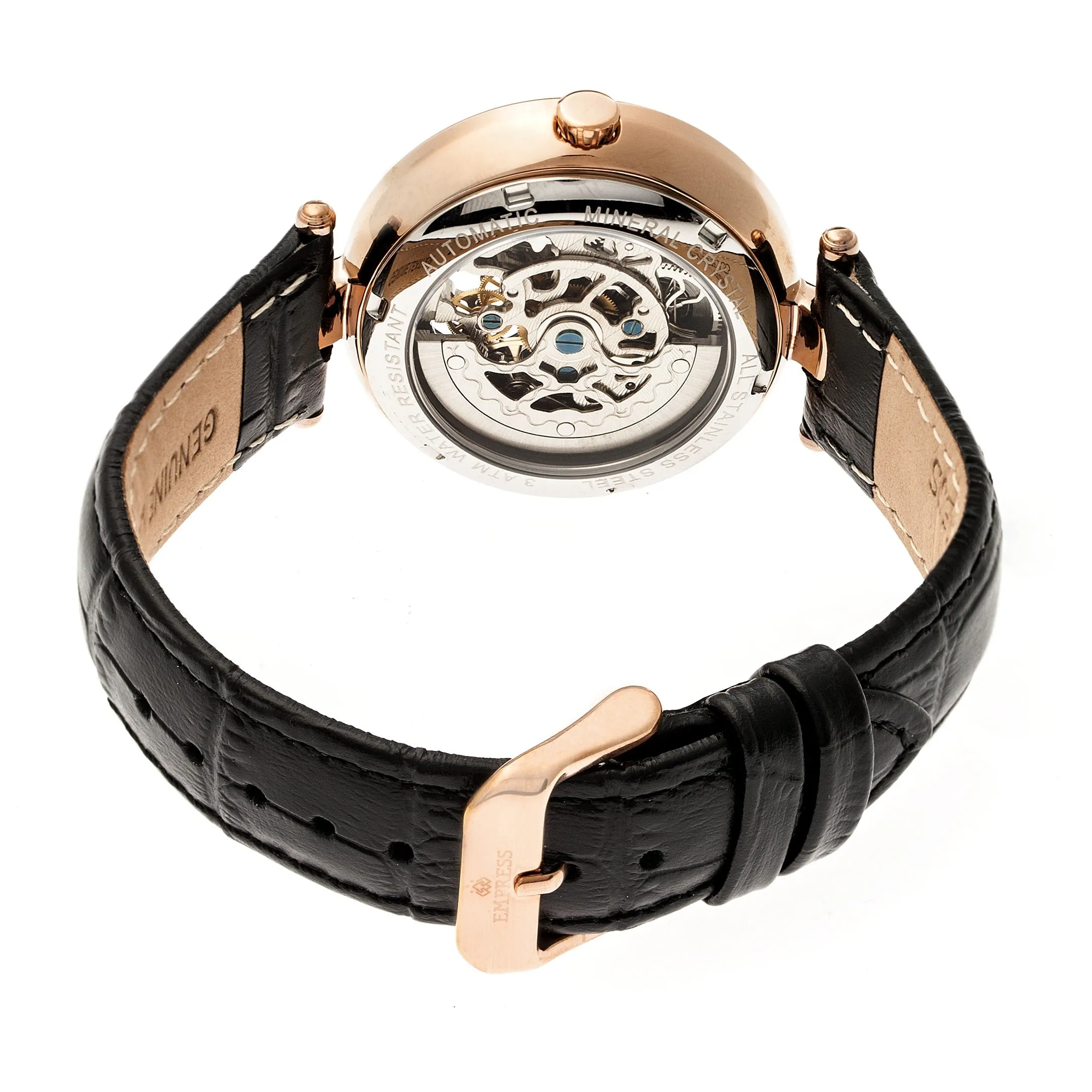 Empress Stella Automatic Semi-Skeleton MOP Leather-Band Watch - Black/Blue