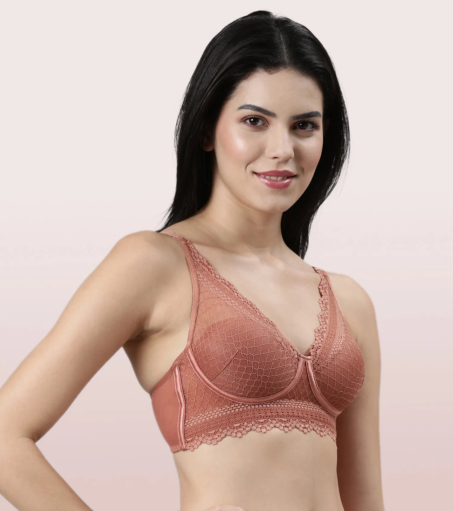 Enamor Pure Ease F125 Longline Comfort Lace Bra for Women - Padded, Wirefree and High Coverage