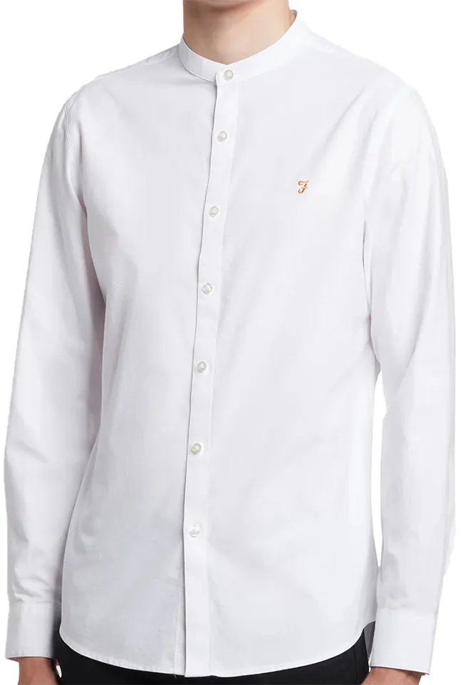 Farah Mens Brewer Slim Fit Long Sleeve Organic Cotton Grandad Shirt White