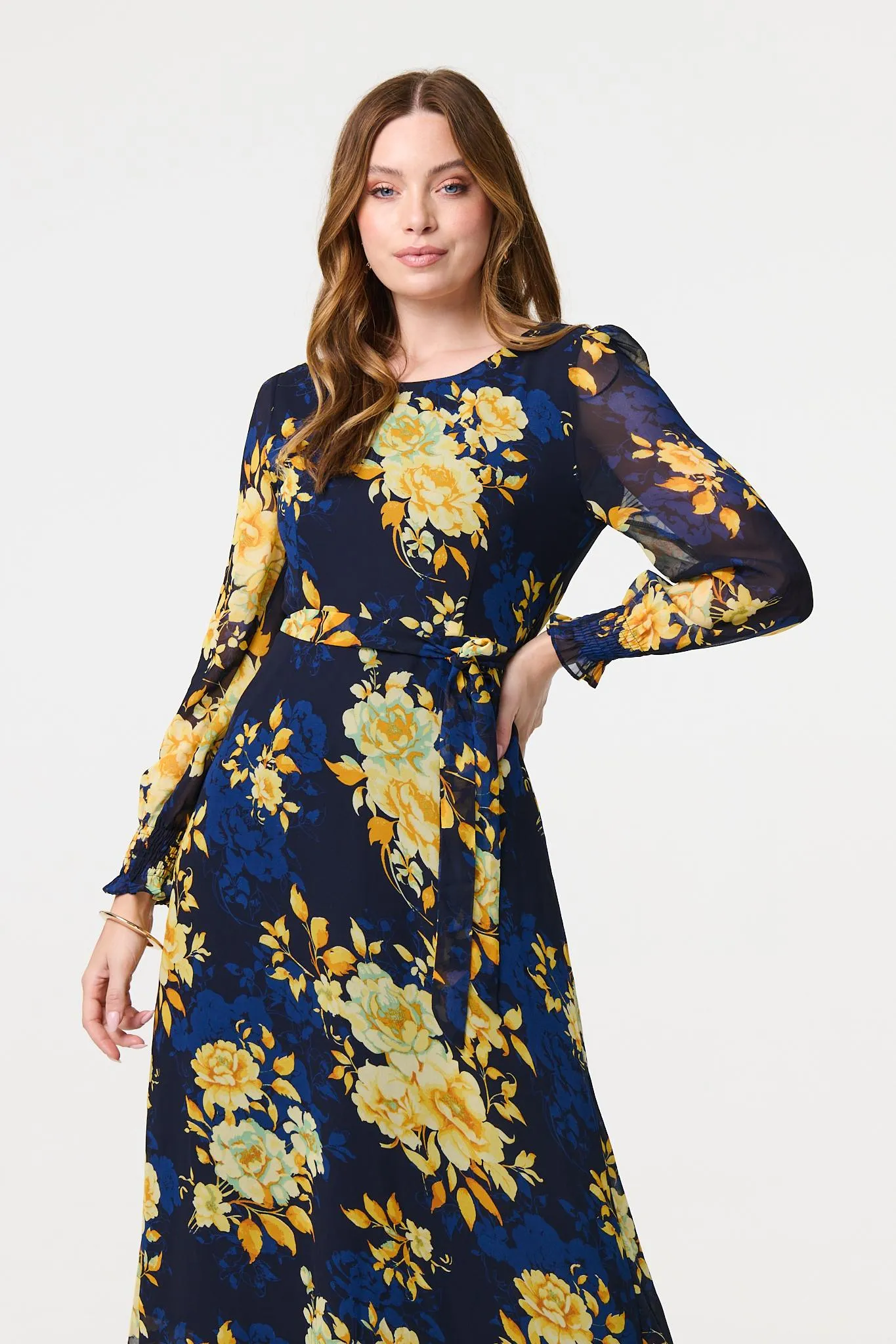 Floral Long Sleeve Chiffon Midi Dress