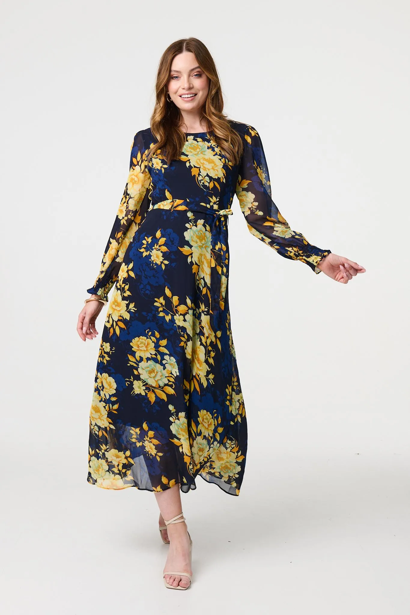 Floral Long Sleeve Chiffon Midi Dress