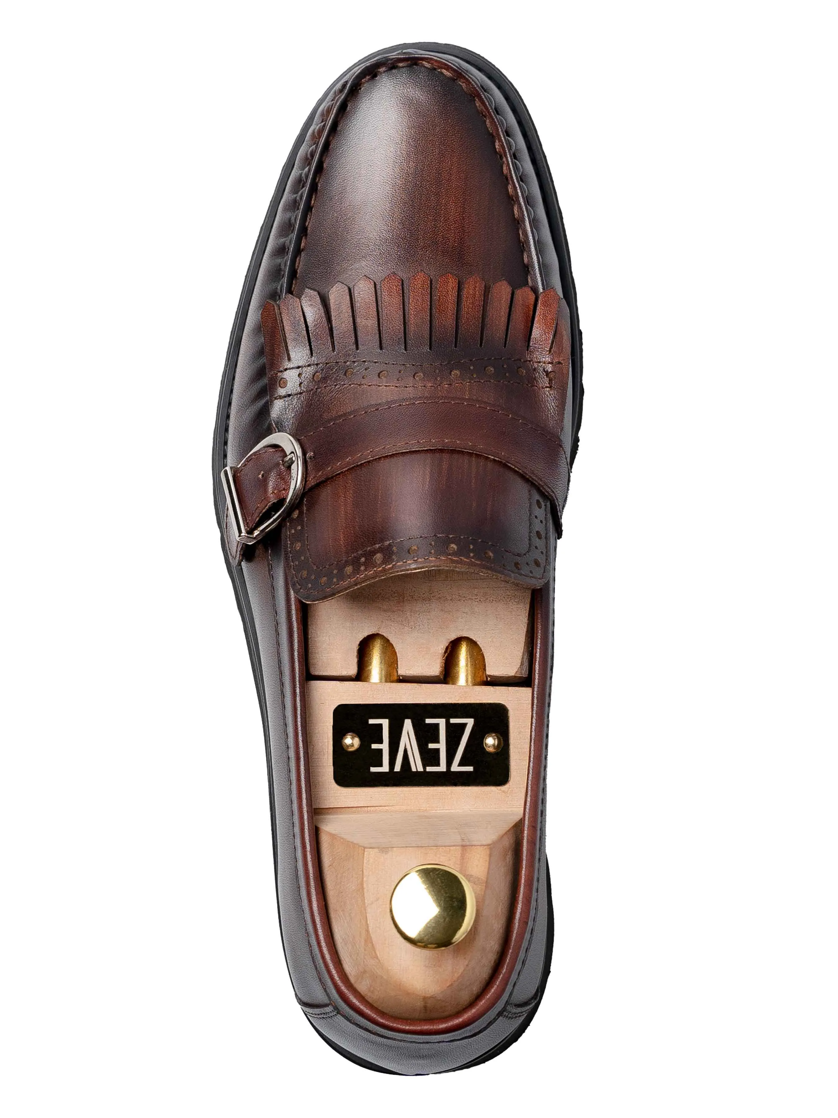 Fringe Buckle Loafer - Brown Hand Painted Patina Leather (Eva Combat)