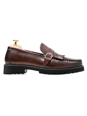 Fringe Buckle Loafer - Brown Hand Painted Patina Leather (Eva Combat)