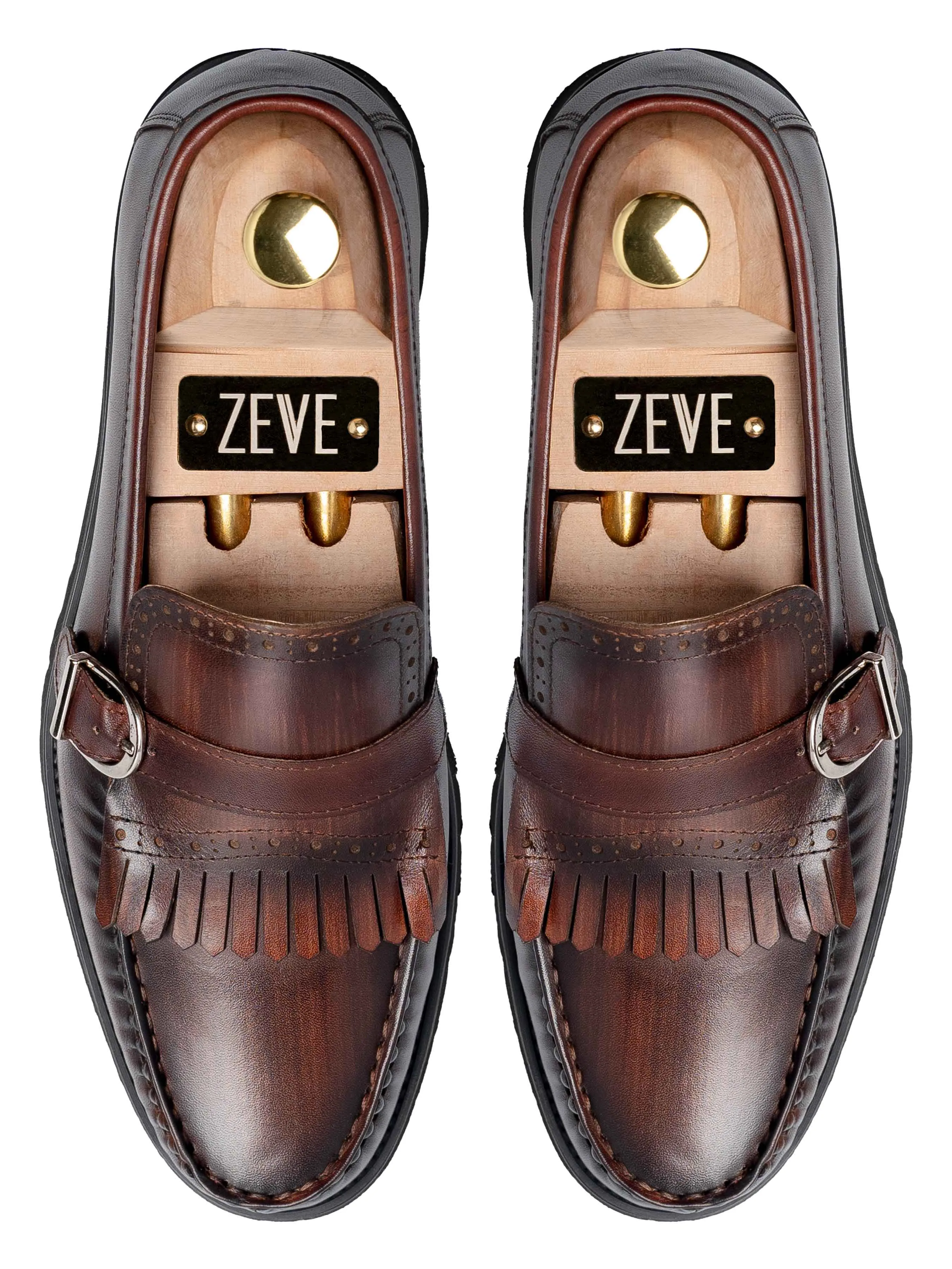 Fringe Buckle Loafer - Brown Hand Painted Patina Leather (Eva Combat)