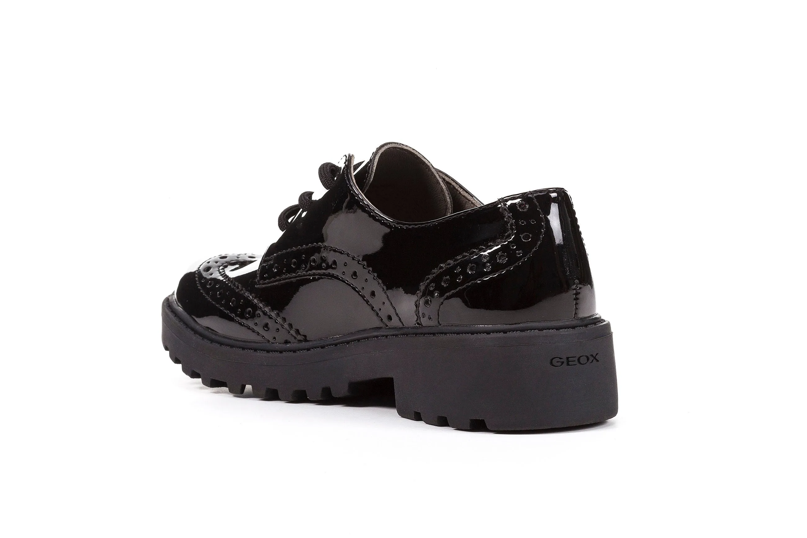 Geox Casey Brogue Girls Black Patent School Shoe