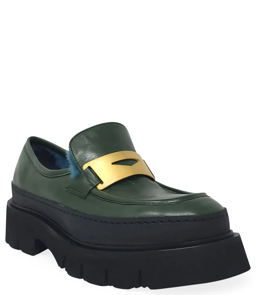 Green Leather Chunky Loafer With Shearling